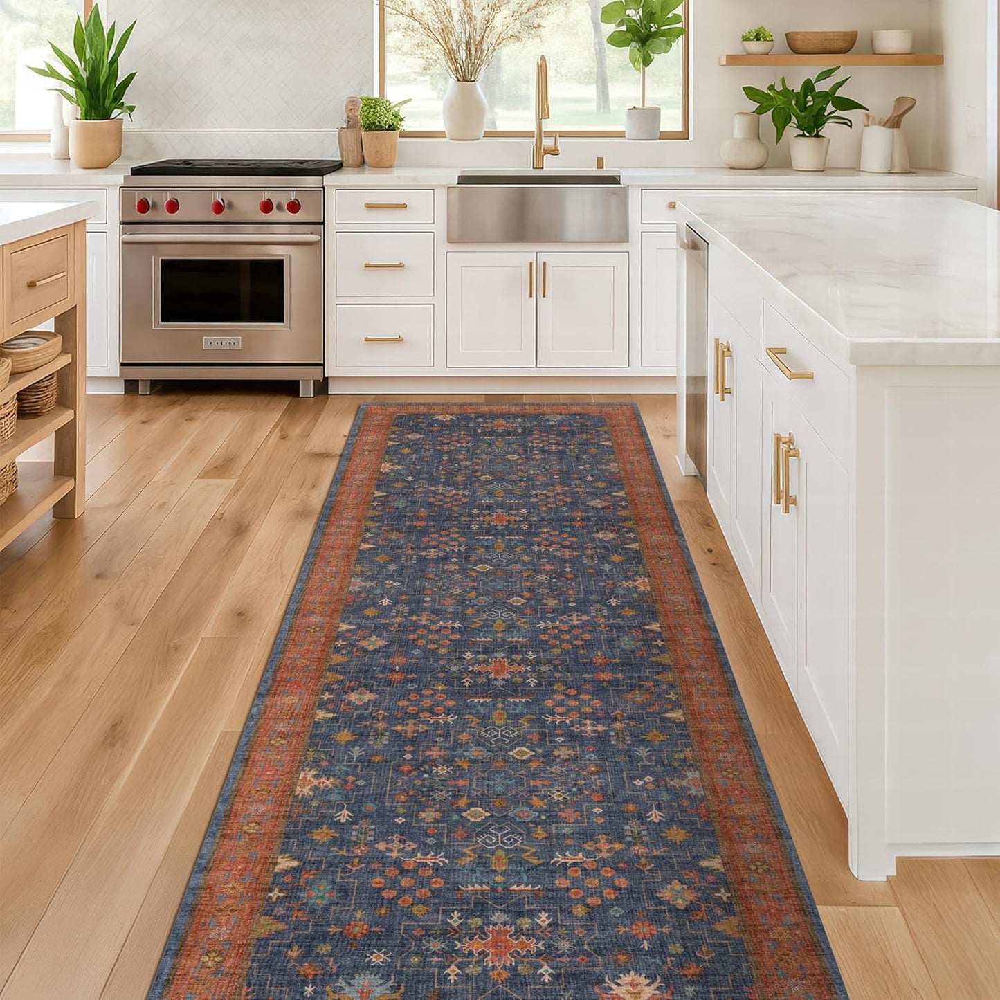 Green Area Rugs 9x12 Living Room - Washable Oriental Geometric, Extra Large for Bedroom Non Slip Soft Faux Wool Carpet for Dining Room Playroom, Lounge - Blue and Green Floral Rug