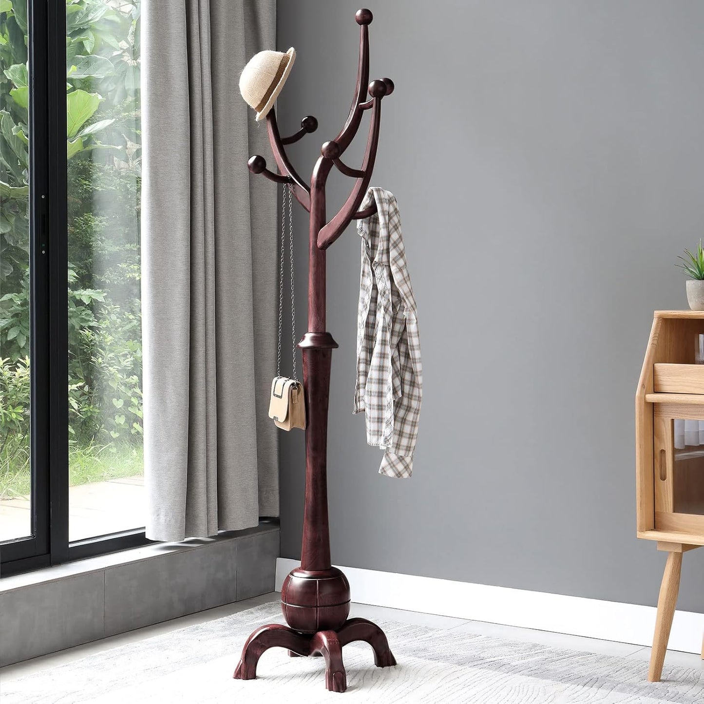 Coat Rack Freestanding Wood Coat Tree Rack with 8 Hooks, Creative Design Tree Branch-look, Standing Coat Rack Clothes Hanger Stand with Stury Base for Entryway, Hallway, Bedroom - Load 160lb (Walnut)