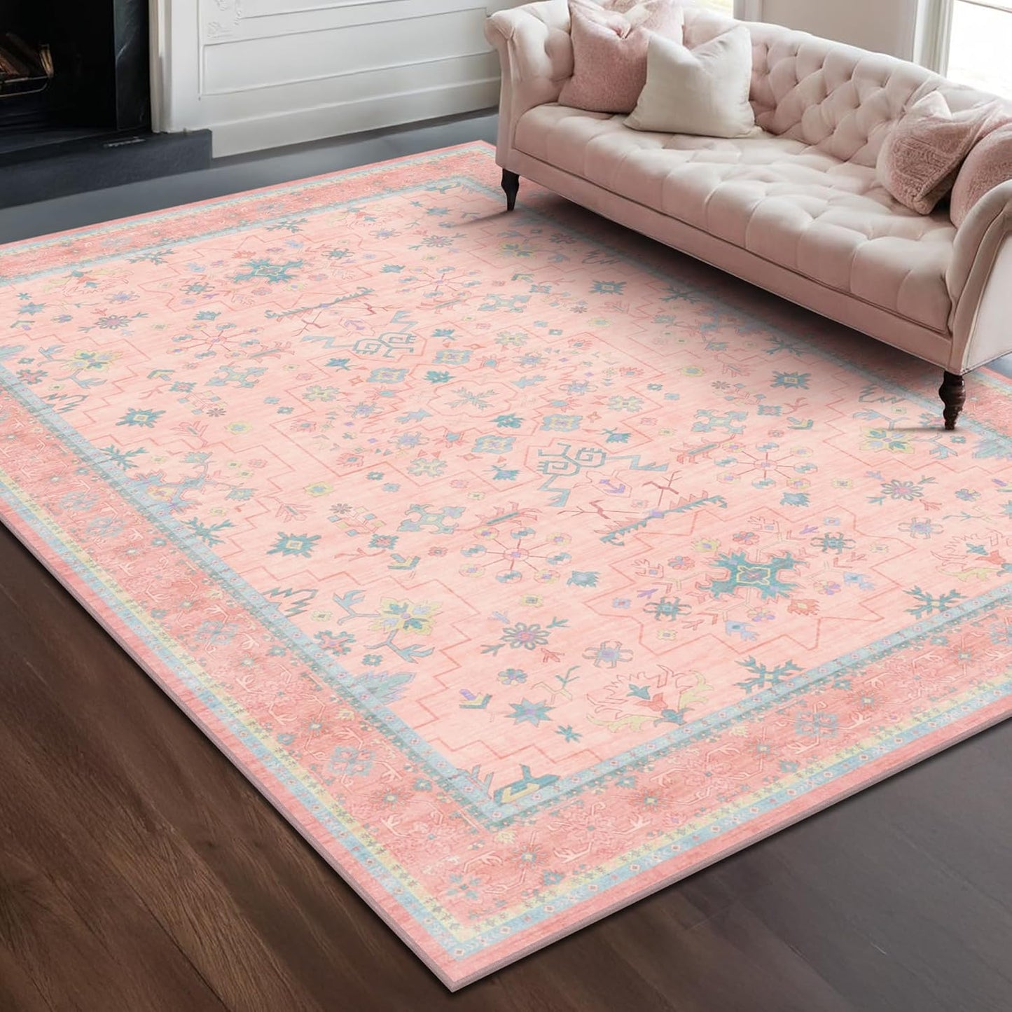Green Area Rugs 9x12 Living Room - Washable Oriental Geometric, Extra Large for Bedroom Non Slip Soft Faux Wool Carpet for Dining Room Playroom, Lounge - Blue and Green Floral Rug