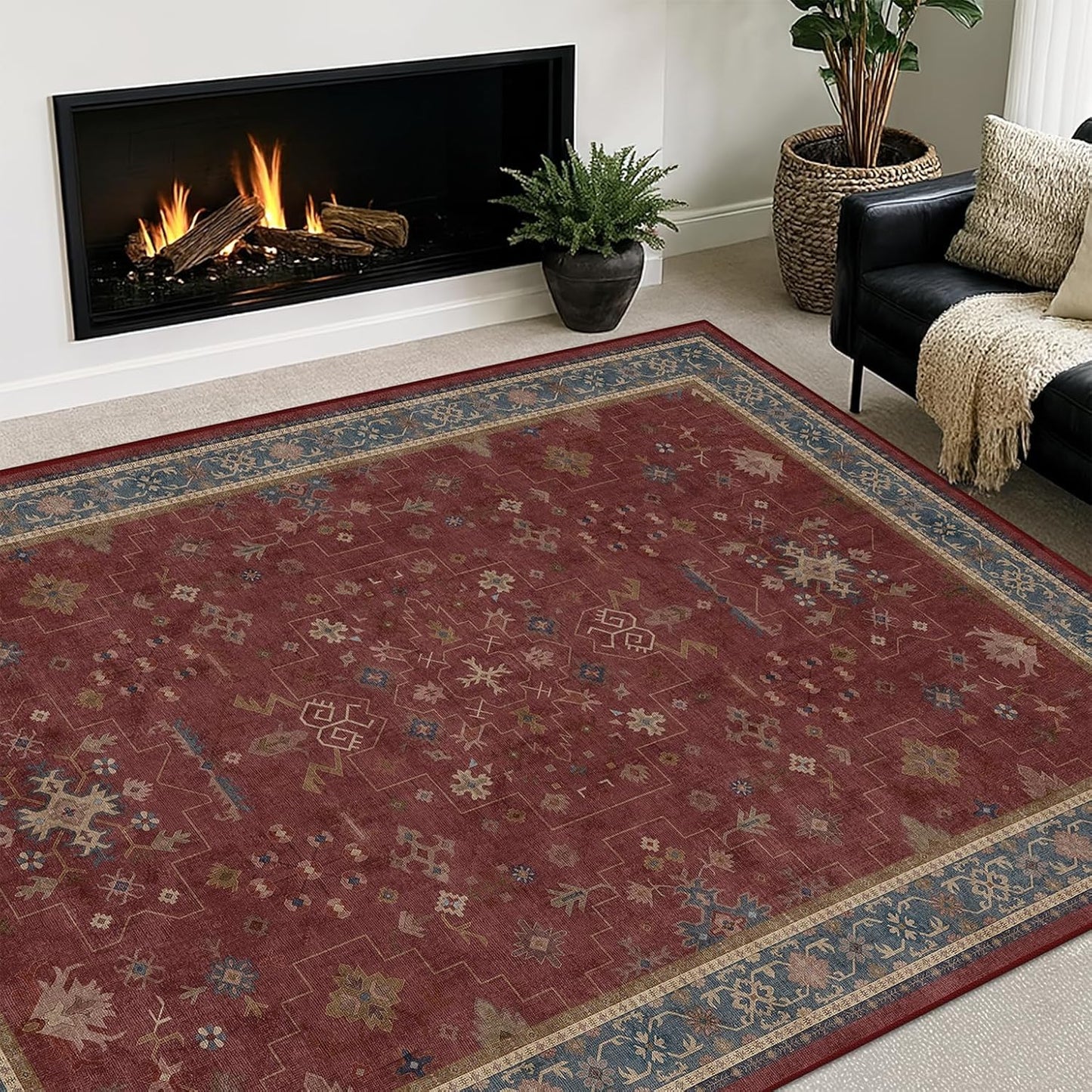 Green Area Rugs 9x12 Living Room - Washable Oriental Geometric, Extra Large for Bedroom Non Slip Soft Faux Wool Carpet for Dining Room Playroom, Lounge - Blue and Green Floral Rug