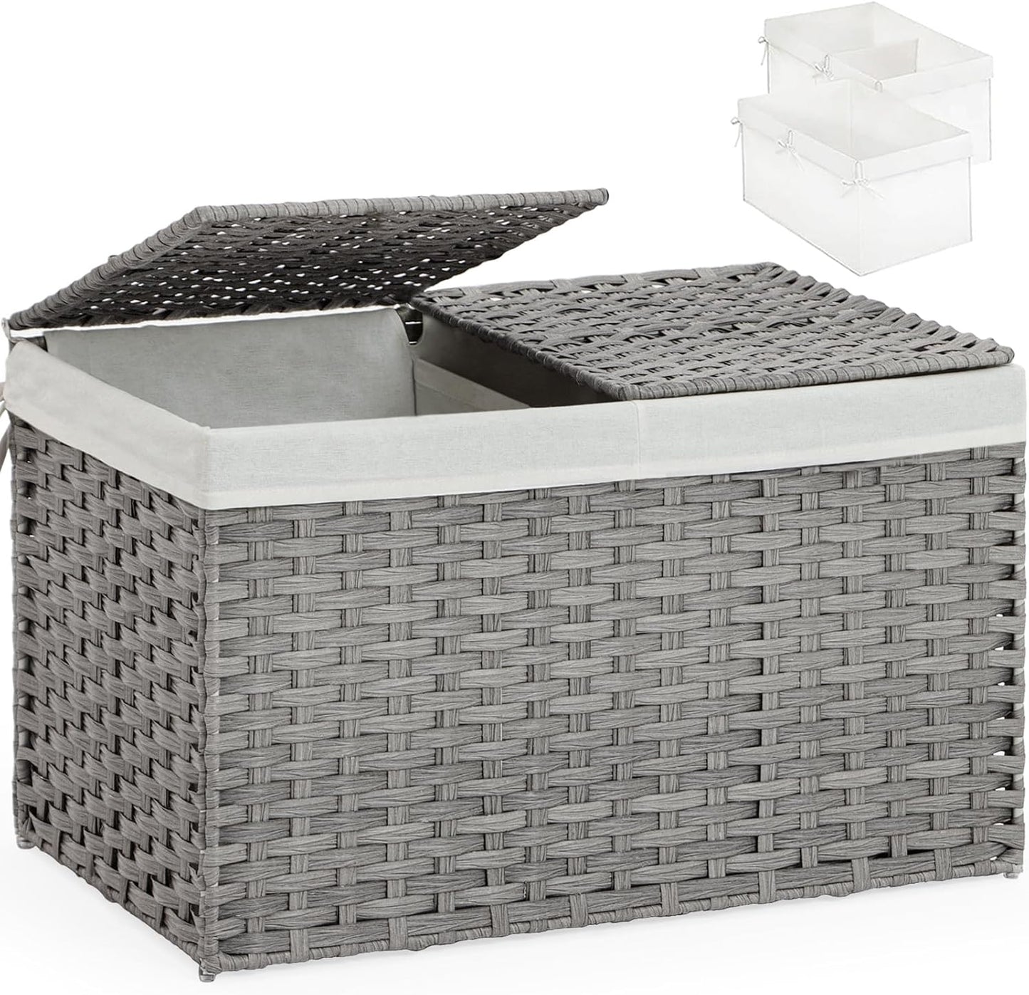 Storage Basket with Lid Rattan Storage Basket with 2 Separate Lid, 27.8 Gallon (105 L) 25.2 * 15.4 * 16.1 Inches Woven Wicker Baskets with 2 Liners and Handles for Bedroom Laundry-Natural