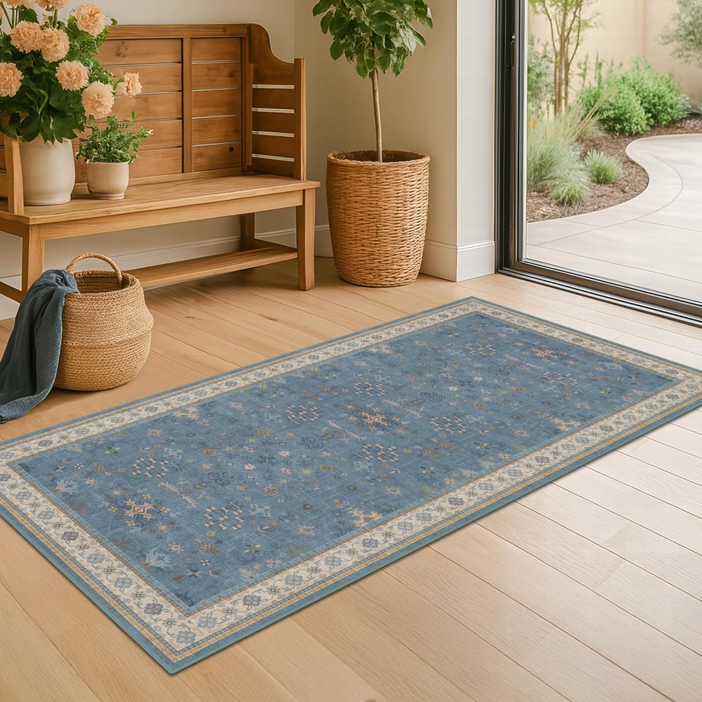 Green Area Rugs 9x12 Living Room - Washable Oriental Geometric, Extra Large for Bedroom Non Slip Soft Faux Wool Carpet for Dining Room Playroom, Lounge - Blue and Green Floral Rug