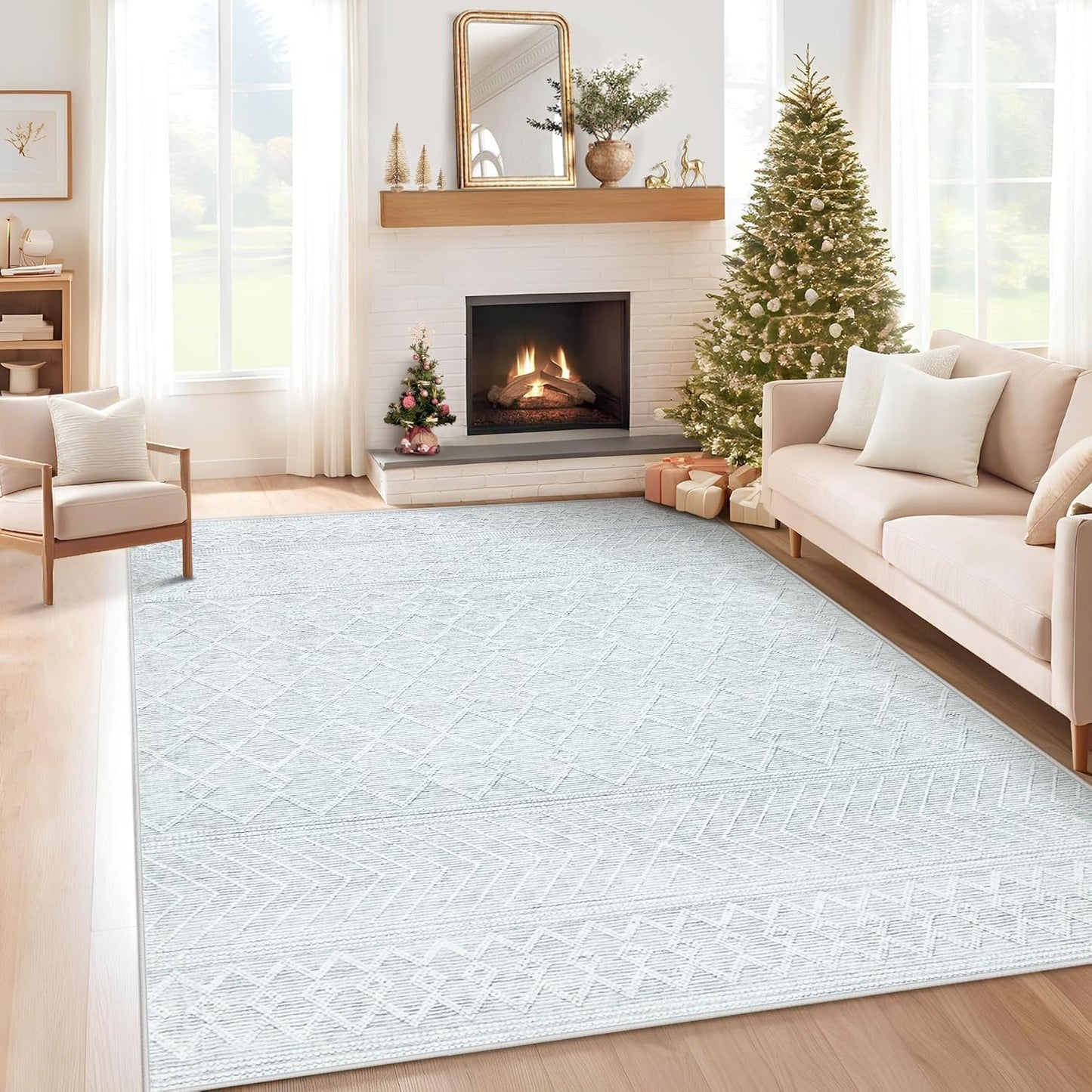 8x10 Area Rug Living Room: Washable Boho Geometric Moroccan Rug Neutral Modern Farmhouse Indoor Soft Non Slip Ultra Thin Large Printed Pattern Carpet for Bedroom Home Office (Beige, 8'x10')