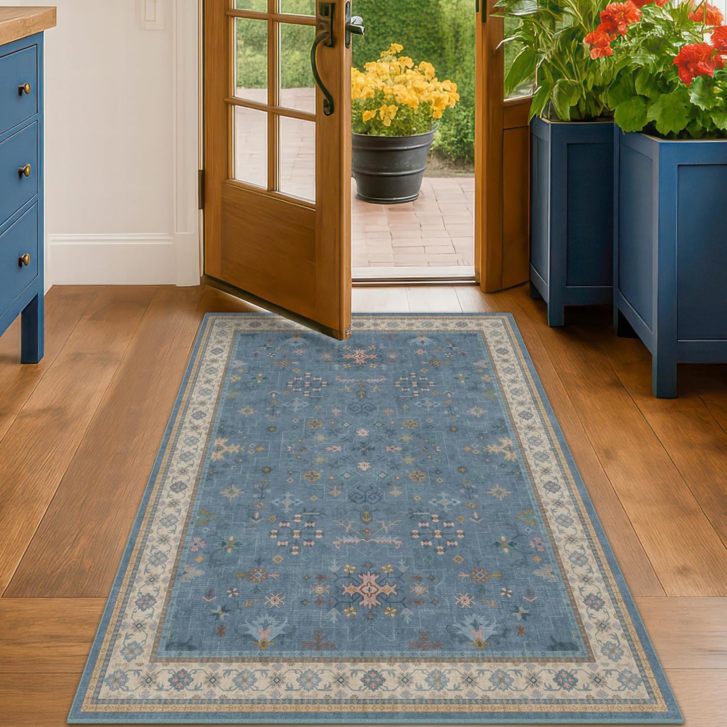 Green Area Rugs 9x12 Living Room - Washable Oriental Geometric, Extra Large for Bedroom Non Slip Soft Faux Wool Carpet for Dining Room Playroom, Lounge - Blue and Green Floral Rug