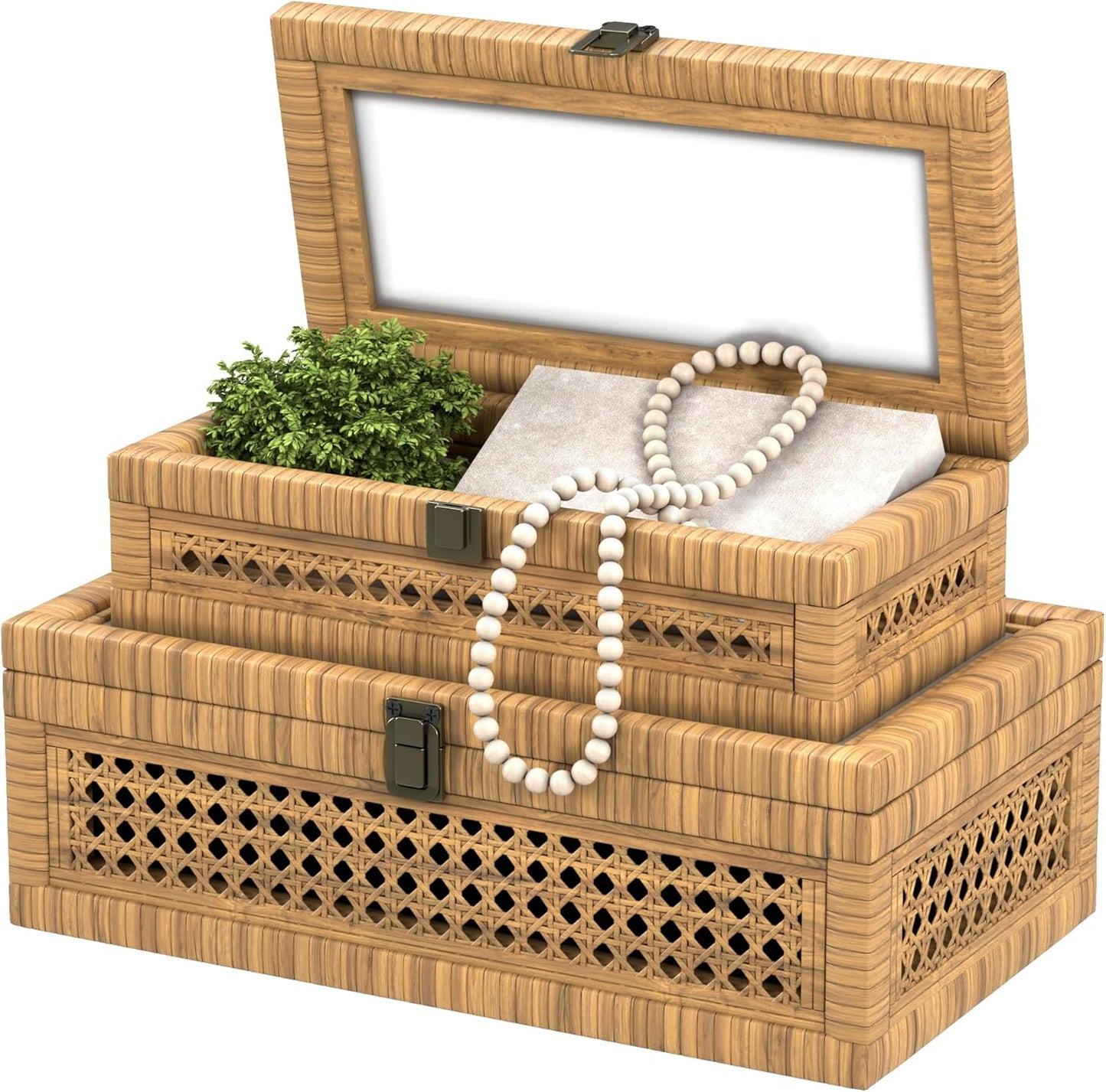 Rattan Decorative Box,Boho Display Boxes with Lids,Set of 2 Rectangular Wicker Storage Decoration,Natural Woven Cane Bins for Home Decor for Rustic Farmhouse(Yellow and Black)