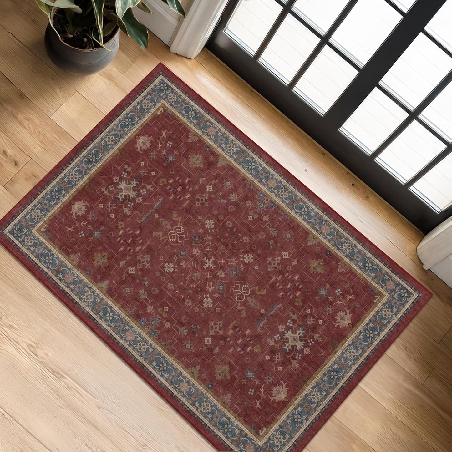 Green Area Rugs 9x12 Living Room - Washable Oriental Geometric, Extra Large for Bedroom Non Slip Soft Faux Wool Carpet for Dining Room Playroom, Lounge - Blue and Green Floral Rug