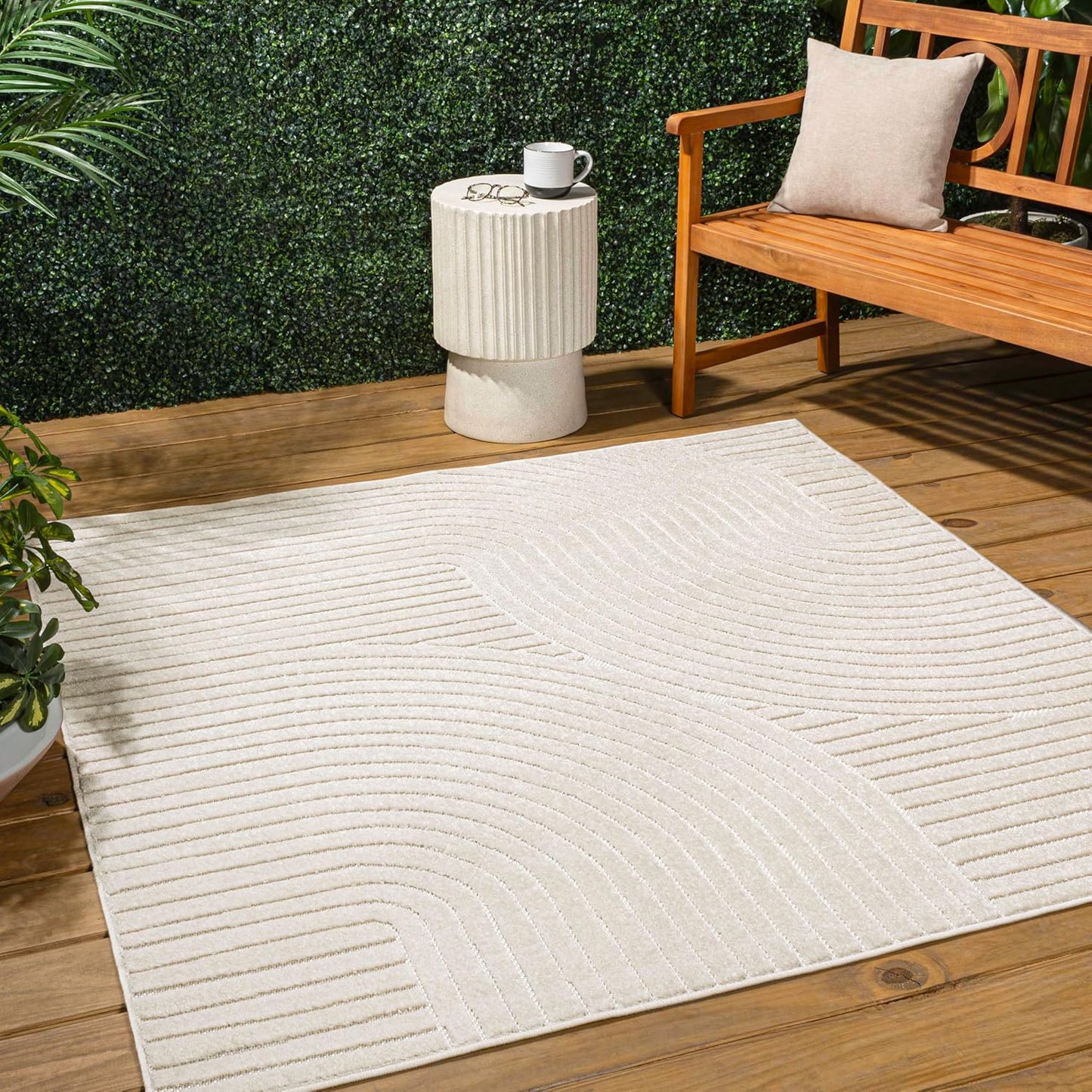 JONATHAN Y Hallie High-Low Curve Ivory/Cream Indoor/Outdoor Area Rug, 8x10, Minimalist, Pet Friendly, Non-Shedding, Stain Resistant, Hose-Washable for Backyard, Patio, Porch (SCN100B-8)