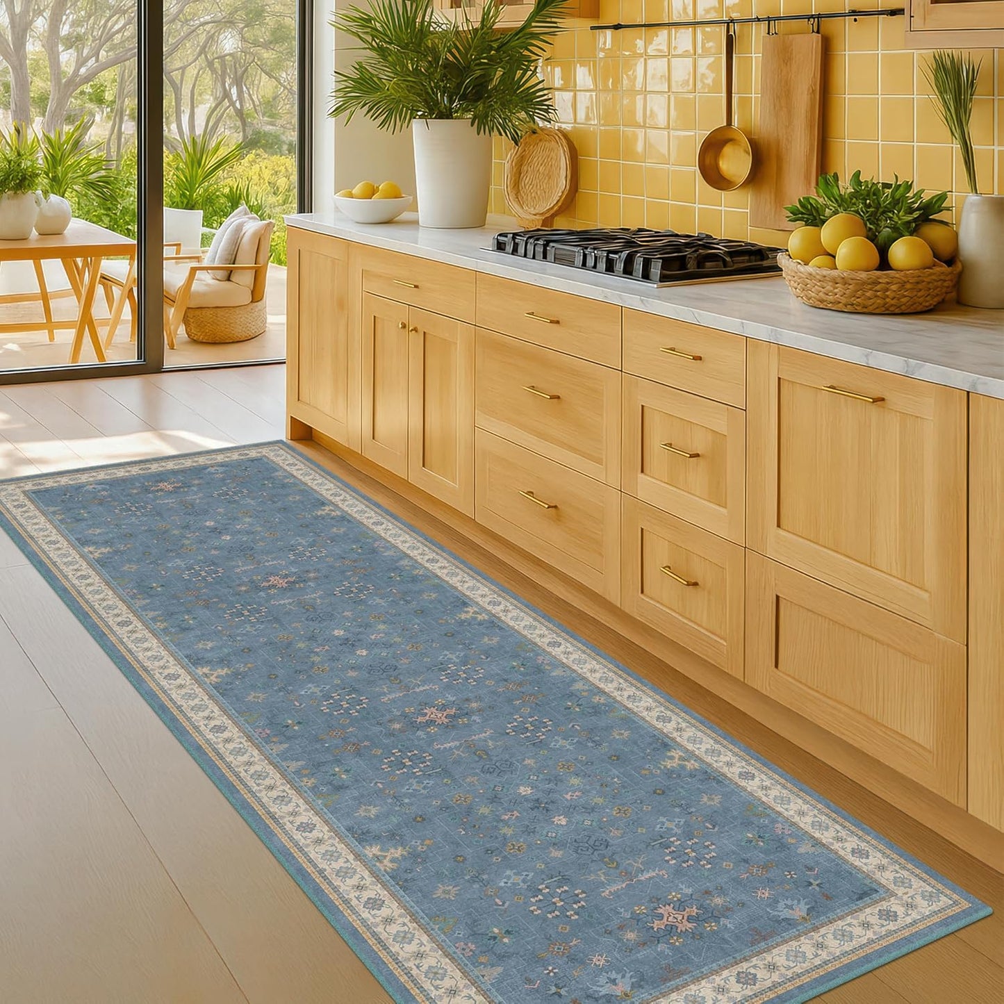 Green Area Rugs 9x12 Living Room - Washable Oriental Geometric, Extra Large for Bedroom Non Slip Soft Faux Wool Carpet for Dining Room Playroom, Lounge - Blue and Green Floral Rug