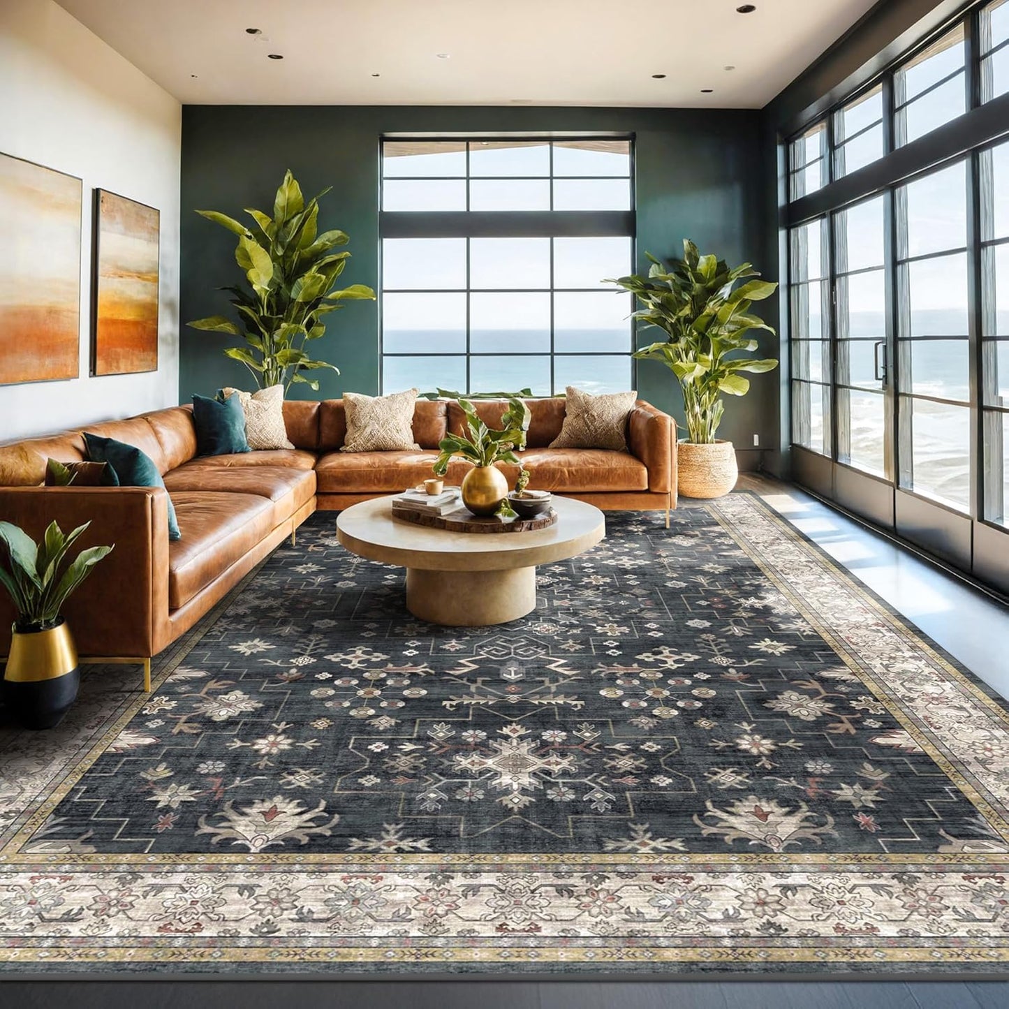 Green Area Rugs 9x12 Living Room - Washable Oriental Geometric, Extra Large for Bedroom Non Slip Soft Faux Wool Carpet for Dining Room Playroom, Lounge - Blue and Green Floral Rug