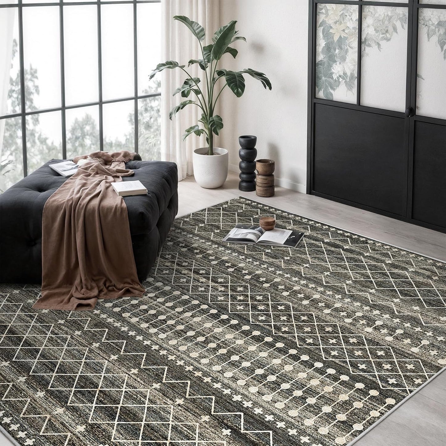 10x14 Area Rug for Living Room Moroccan Washable Rugs Non Slip Indoor Floor Carpet Foldable Large Soft Area Rug for Dining Room Bedroom with Low Pile(Grey,10'x14')