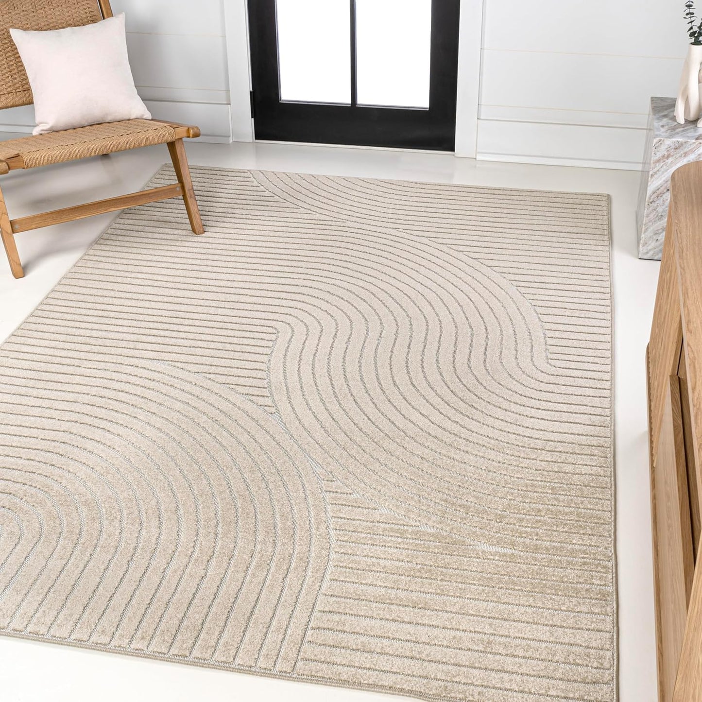 JONATHAN Y Hallie High-Low Curve Ivory/Cream Indoor/Outdoor Area Rug, 8x10, Minimalist, Pet Friendly, Non-Shedding, Stain Resistant, Hose-Washable for Backyard, Patio, Porch (SCN100B-8)