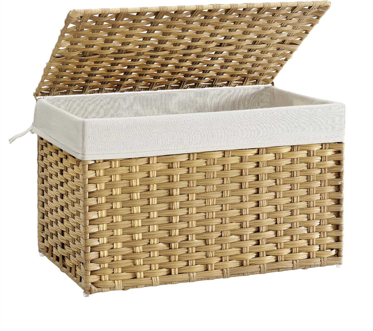 SONGMICS Storage Basket with Lid, 42.3 Gallon (160L) Storage Bin, Woven Blanket Storage Basket with Handles, Foldable, Removable Liner, Metal Frame, for Bedroom, Laundry Room, Brown URST76BR