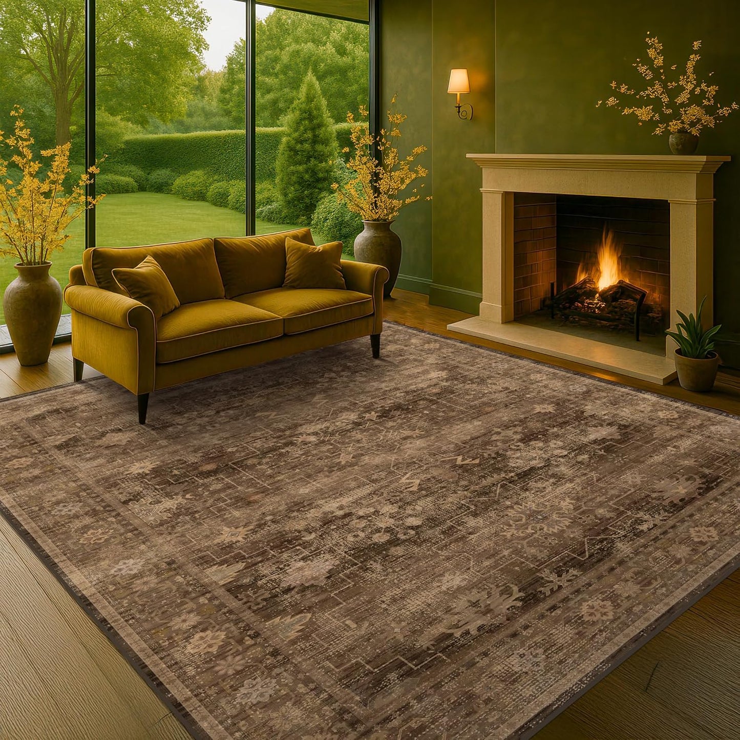 Green Area Rugs 9x12 Living Room - Washable Oriental Geometric, Extra Large for Bedroom Non Slip Soft Faux Wool Carpet for Dining Room Playroom, Lounge - Blue and Green Floral Rug