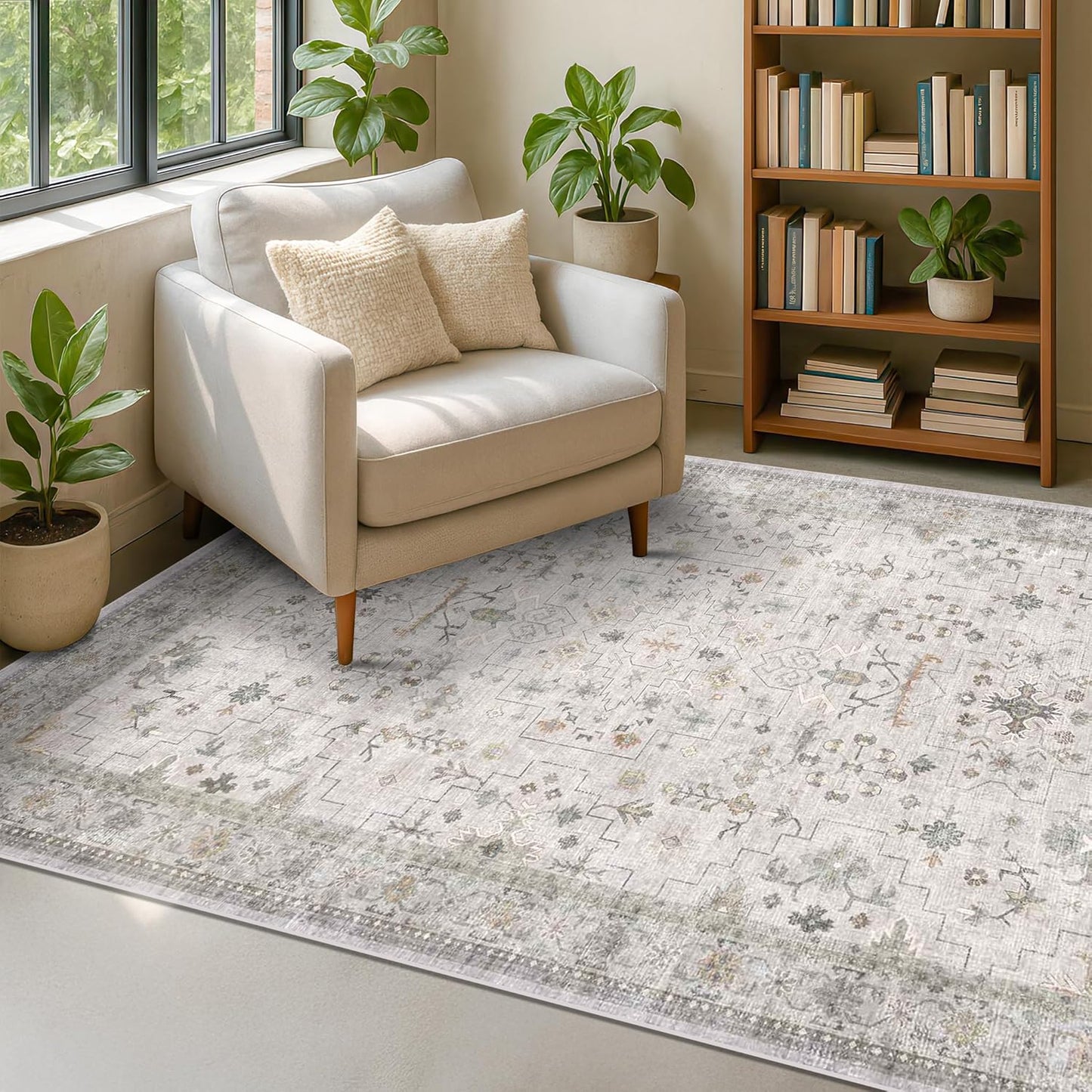 Green Area Rugs 9x12 Living Room - Washable Oriental Geometric, Extra Large for Bedroom Non Slip Soft Faux Wool Carpet for Dining Room Playroom, Lounge - Blue and Green Floral Rug