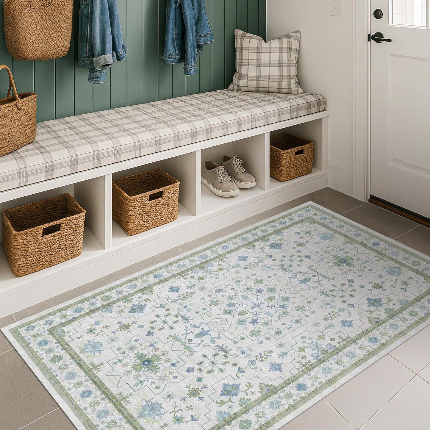 Green Area Rugs 9x12 Living Room - Washable Oriental Geometric, Extra Large for Bedroom Non Slip Soft Faux Wool Carpet for Dining Room Playroom, Lounge - Blue and Green Floral Rug