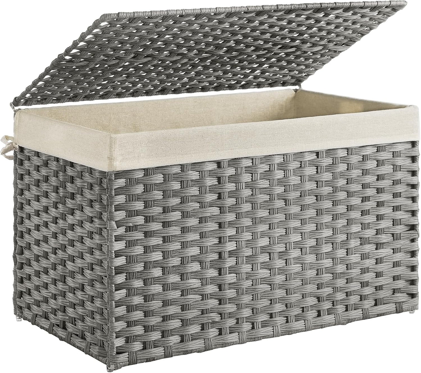 SONGMICS Storage Basket with Lid, 42.3 Gallon (160L) Storage Bin, Woven Blanket Storage Basket with Handles, Foldable, Removable Liner, Metal Frame, for Bedroom, Laundry Room, Brown URST76BR