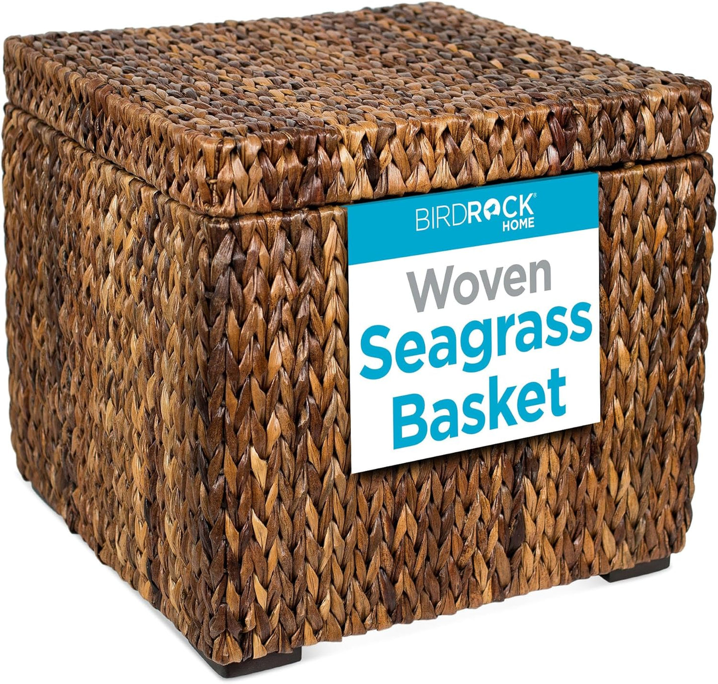 BIRDROCK HOME Storage Cube Box with Lid - Brown Wash Seagrass - Hand Woven Container for Blankets Pillows - Sturdy Metal Frame