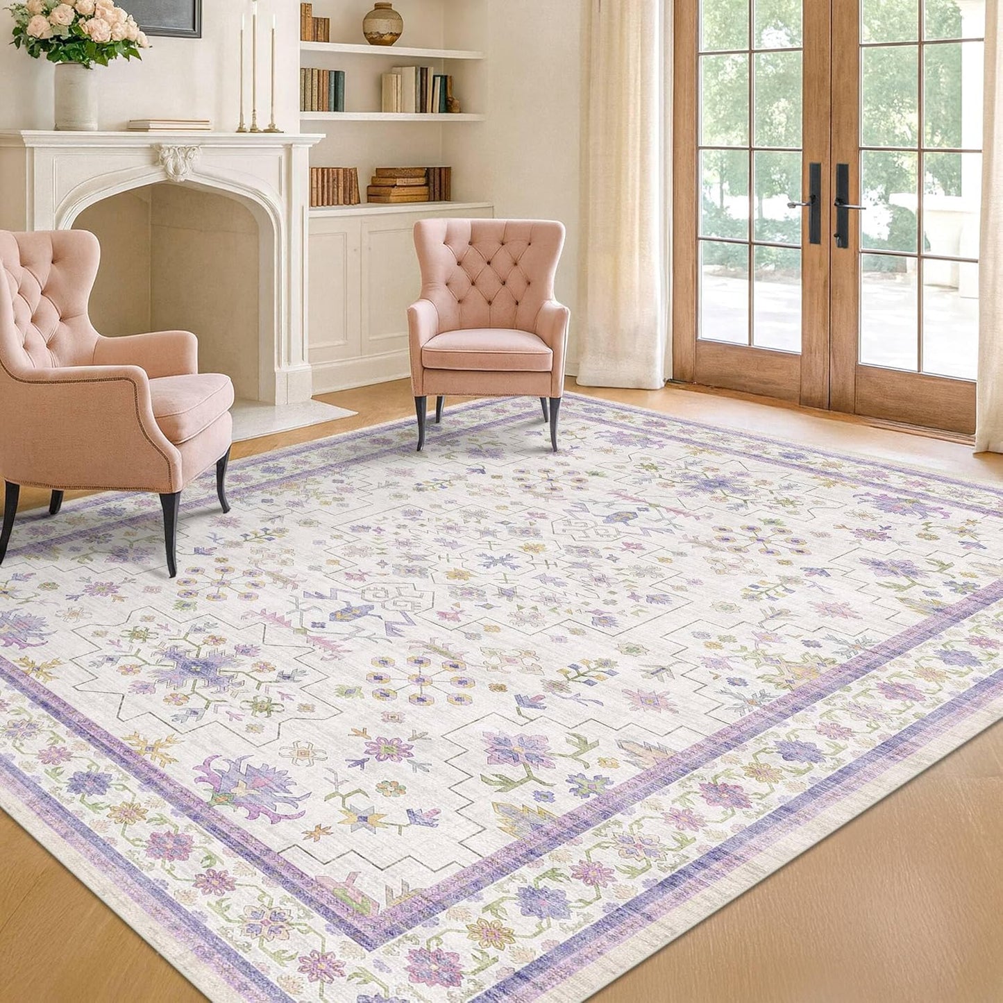 Green Area Rugs 9x12 Living Room - Washable Oriental Geometric, Extra Large for Bedroom Non Slip Soft Faux Wool Carpet for Dining Room Playroom, Lounge - Blue and Green Floral Rug