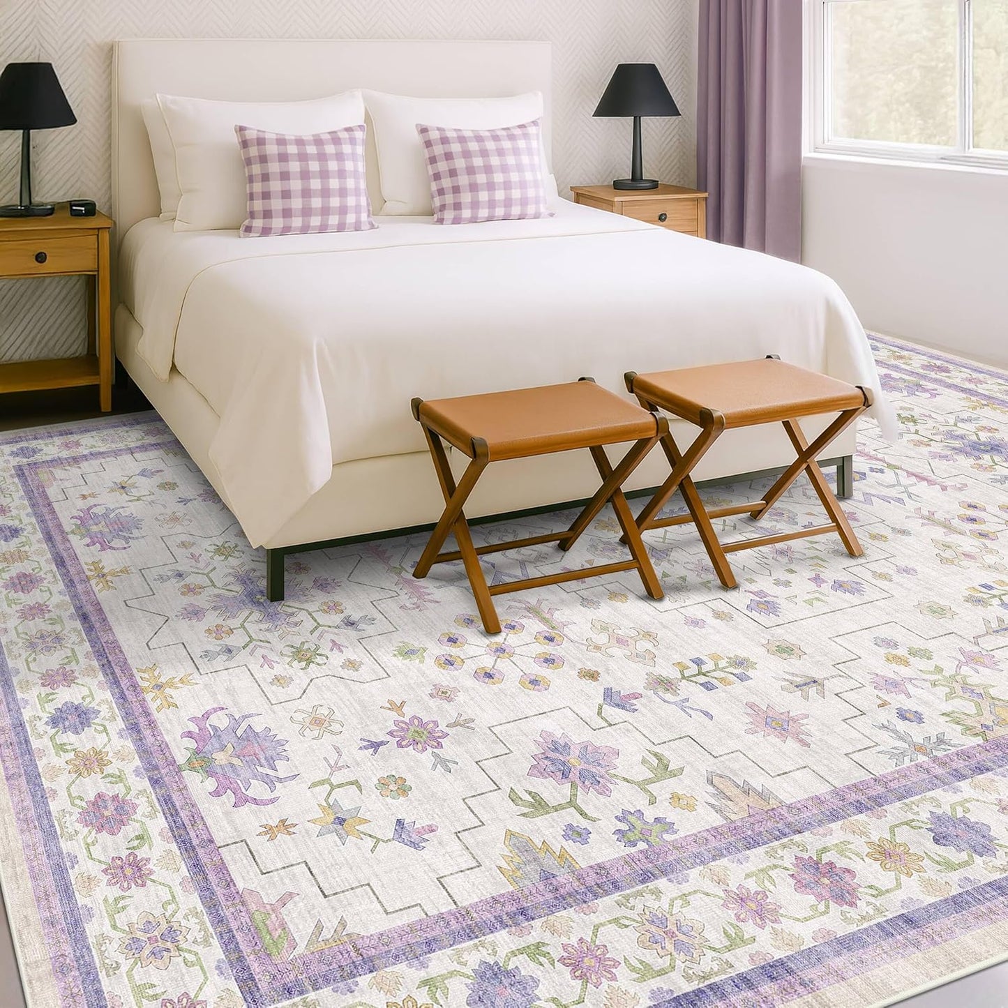 Green Area Rugs 9x12 Living Room - Washable Oriental Geometric, Extra Large for Bedroom Non Slip Soft Faux Wool Carpet for Dining Room Playroom, Lounge - Blue and Green Floral Rug