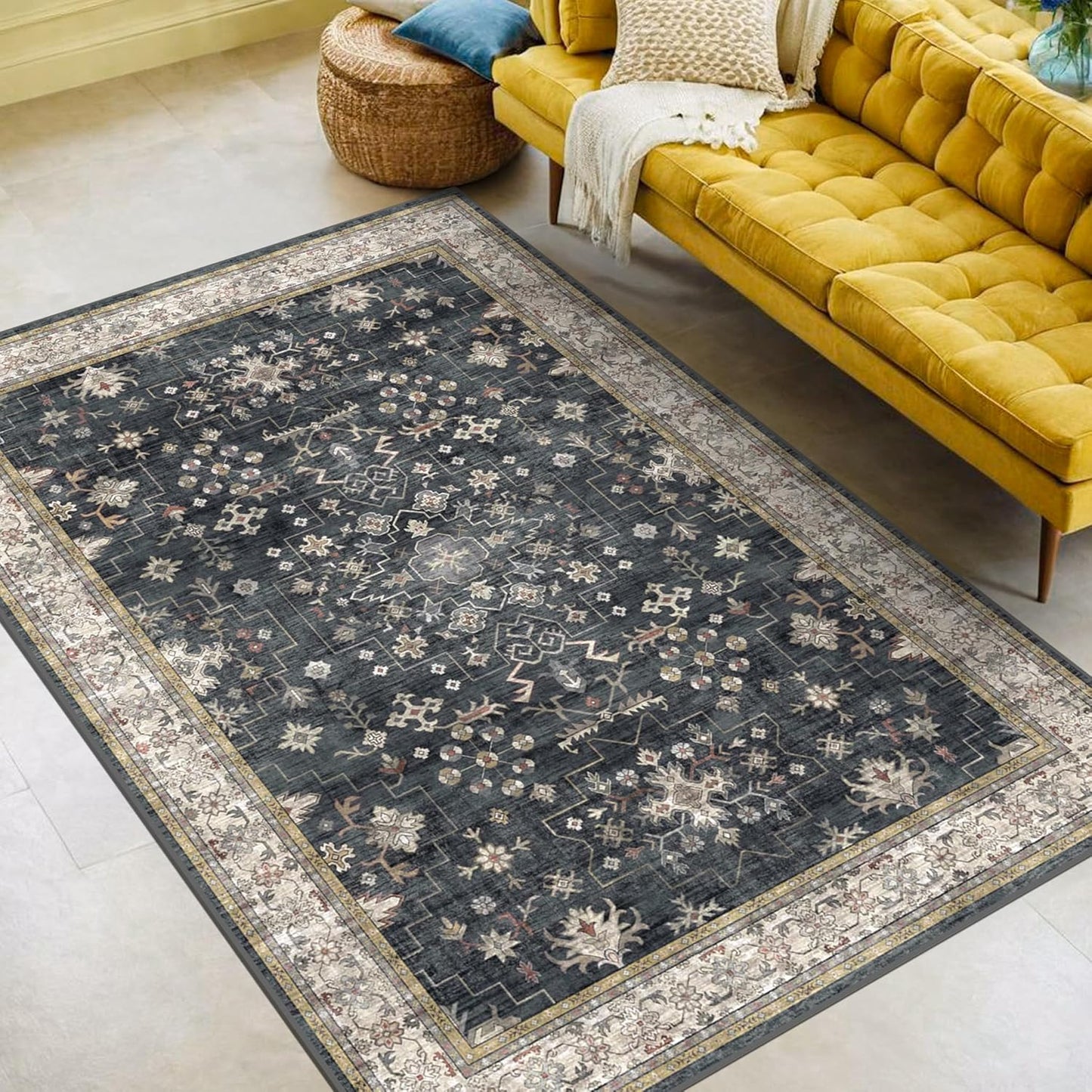 Green Area Rugs 9x12 Living Room - Washable Oriental Geometric, Extra Large for Bedroom Non Slip Soft Faux Wool Carpet for Dining Room Playroom, Lounge - Blue and Green Floral Rug