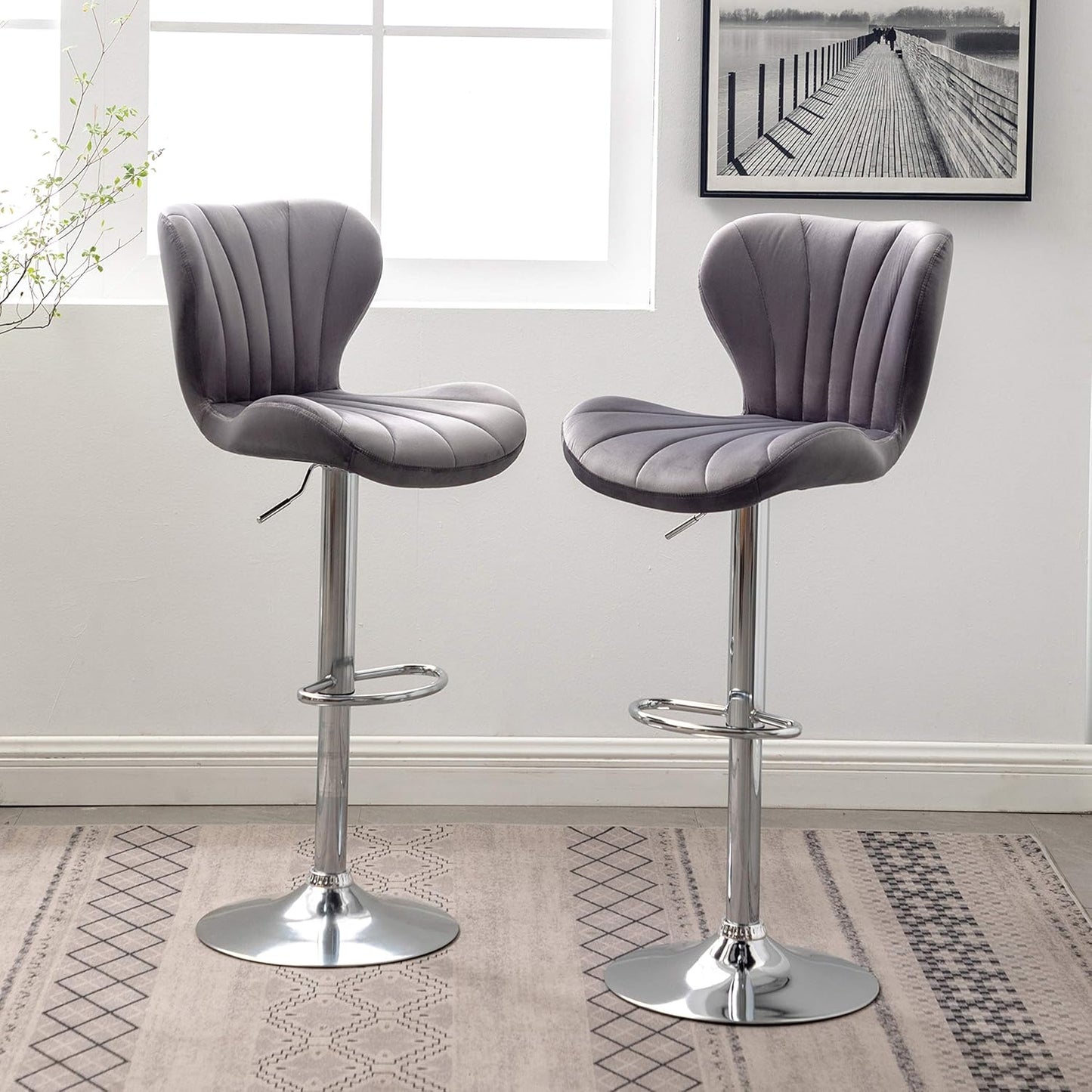 Roundhill Furniture Ellston Velvet Adjustable Swivel Barstools in Blue, Set of 2