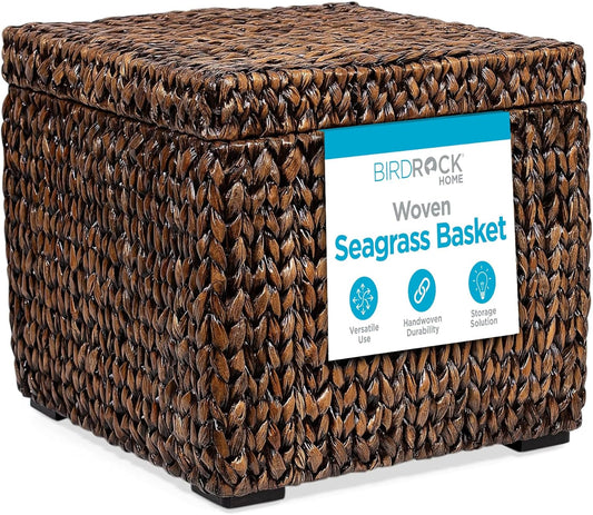 BIRDROCK HOME Storage Cube Box with Lid - Brown Wash Seagrass - Hand Woven Container for Blankets Pillows - Sturdy Metal Frame