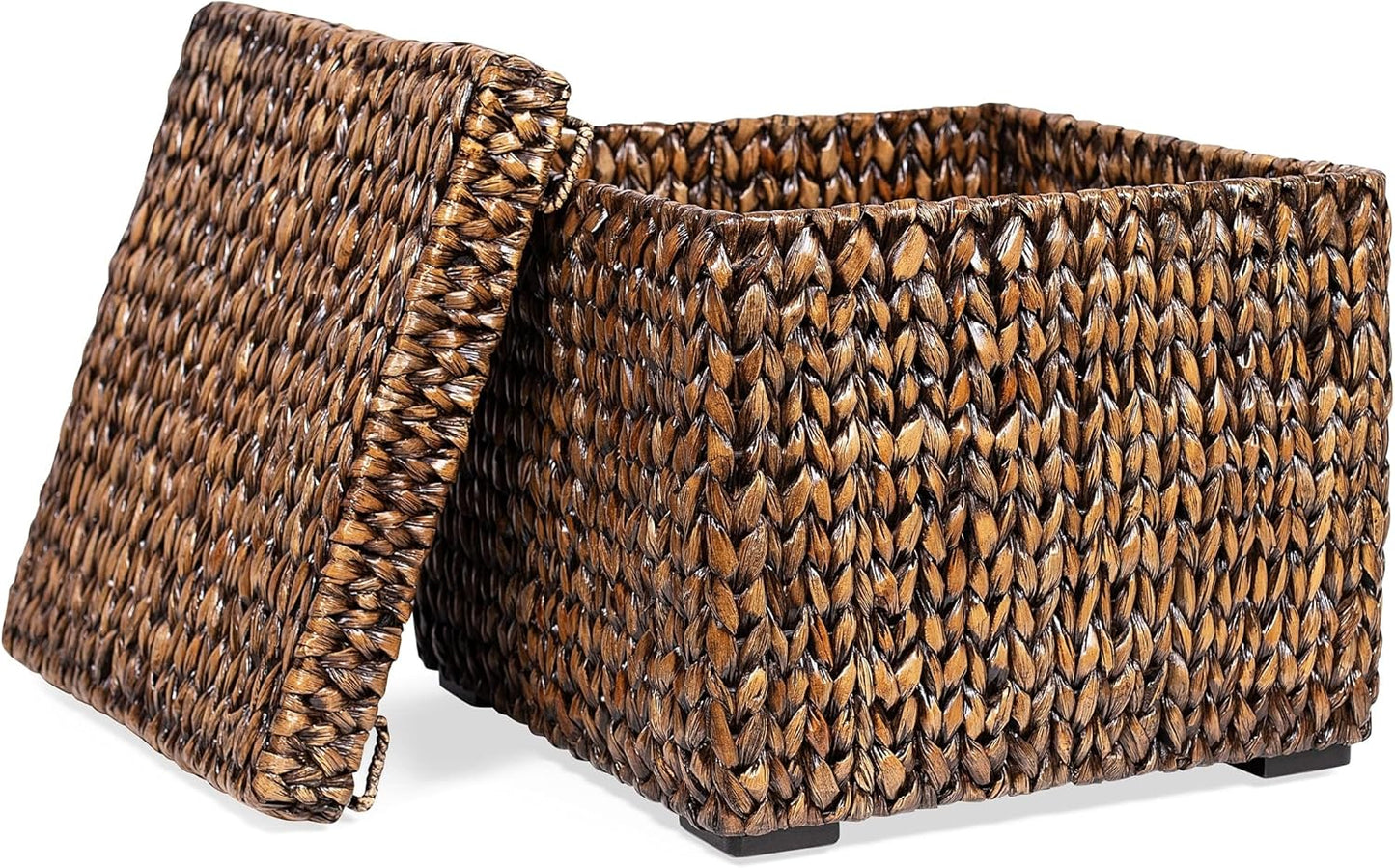 BIRDROCK HOME Storage Cube Box with Lid - Brown Wash Seagrass - Hand Woven Container for Blankets Pillows - Sturdy Metal Frame