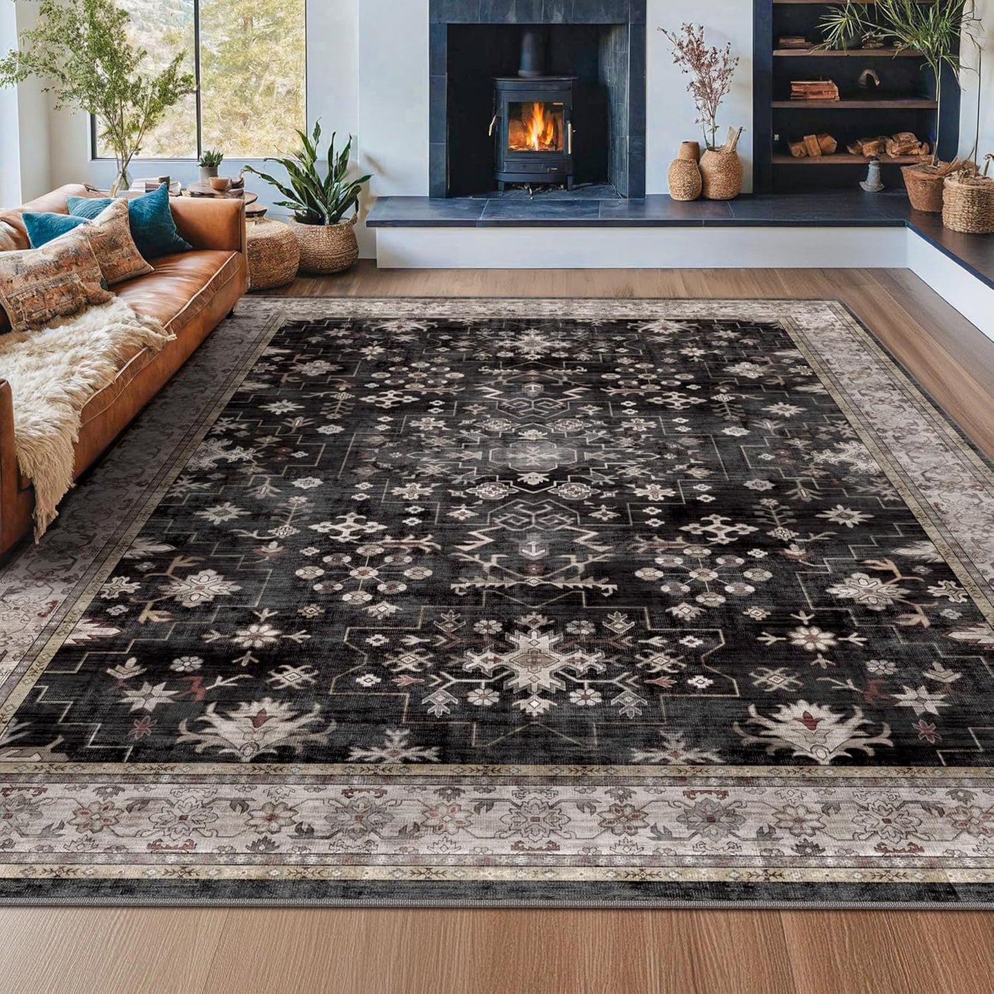 Green Area Rugs 9x12 Living Room - Washable Oriental Geometric, Extra Large for Bedroom Non Slip Soft Faux Wool Carpet for Dining Room Playroom, Lounge - Blue and Green Floral Rug