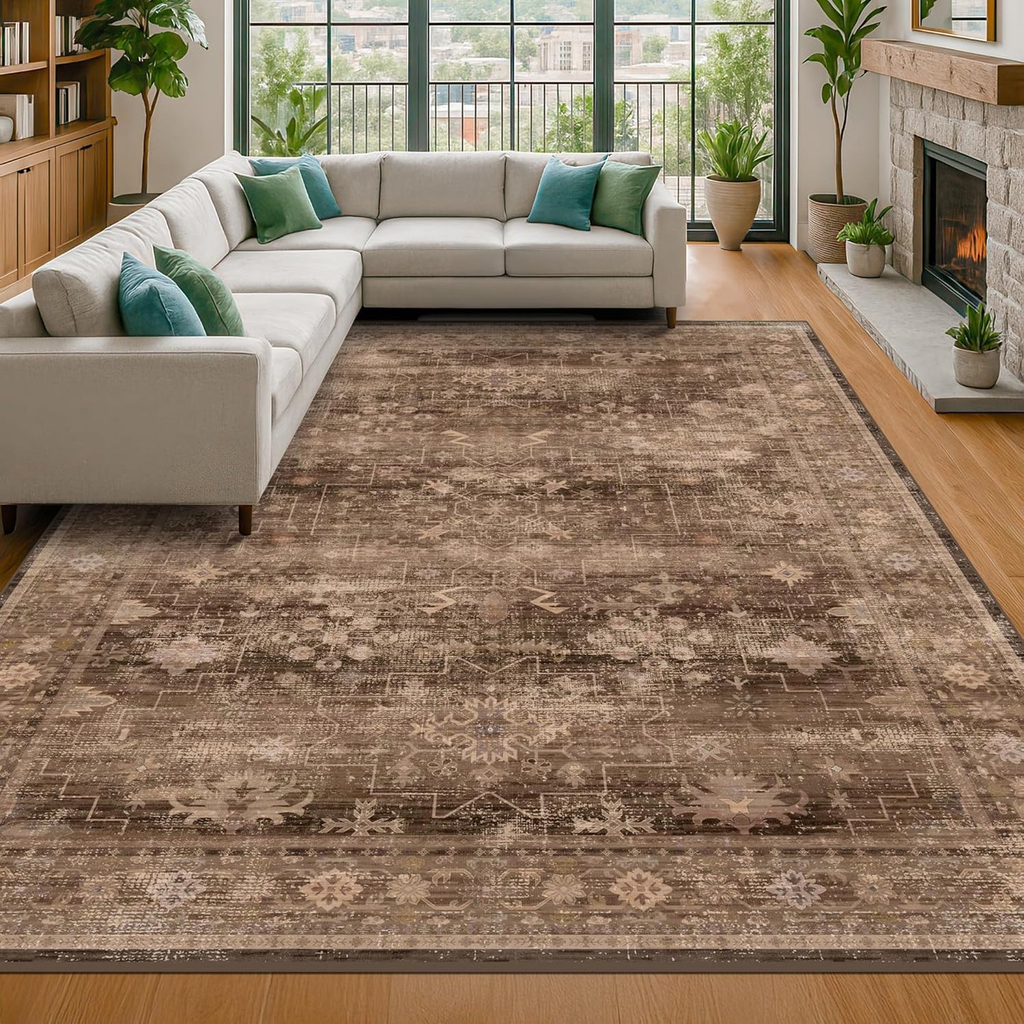 Green Area Rugs 9x12 Living Room - Washable Oriental Geometric, Extra Large for Bedroom Non Slip Soft Faux Wool Carpet for Dining Room Playroom, Lounge - Blue and Green Floral Rug