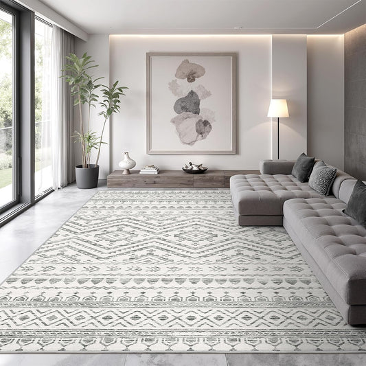 10x14 Area Rug for Living Room Moroccan Washable Rugs Non Slip Indoor Floor Carpet Foldable Large Soft Area Rug for Dining Room Bedroom with Low Pile(Grey,10'x14')