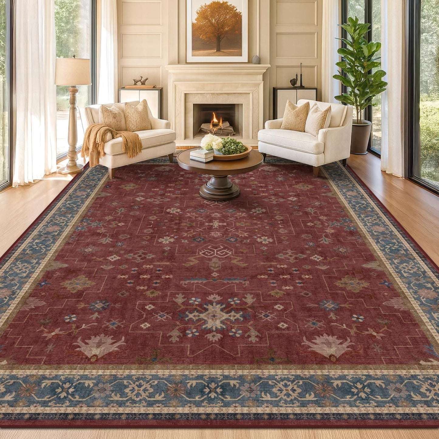 Green Area Rugs 9x12 Living Room - Washable Oriental Geometric, Extra Large for Bedroom Non Slip Soft Faux Wool Carpet for Dining Room Playroom, Lounge - Blue and Green Floral Rug