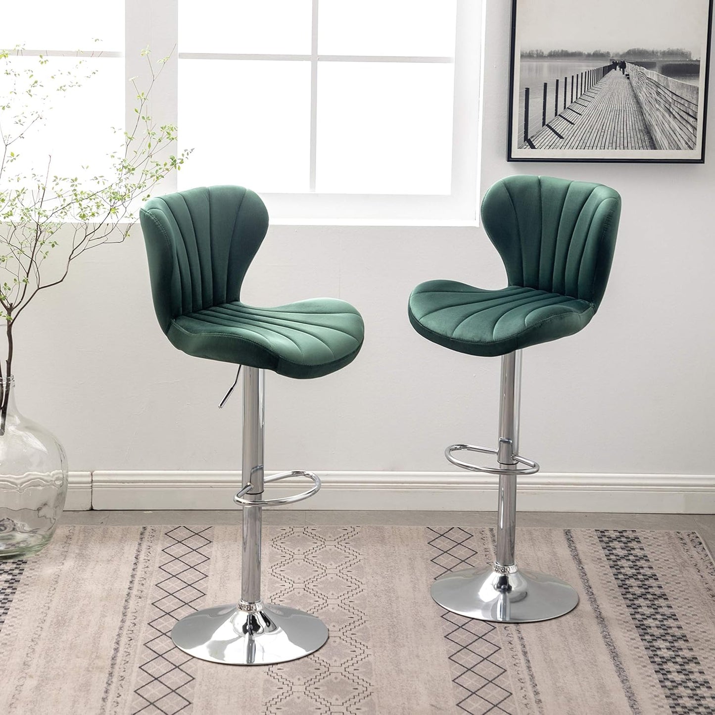 Roundhill Furniture Ellston Velvet Adjustable Swivel Barstools in Blue, Set of 2