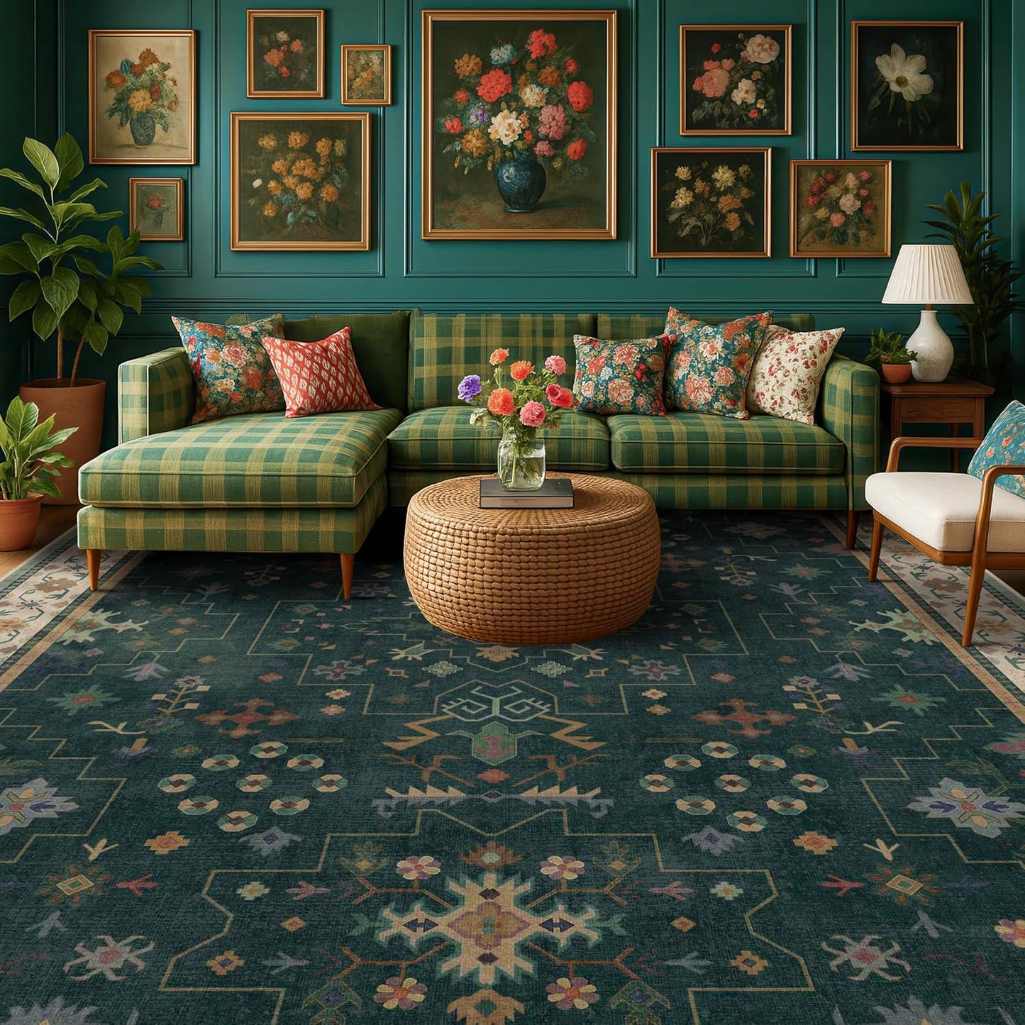 Green Area Rugs 9x12 Living Room - Washable Oriental Geometric, Extra Large for Bedroom Non Slip Soft Faux Wool Carpet for Dining Room Playroom, Lounge - Blue and Green Floral Rug