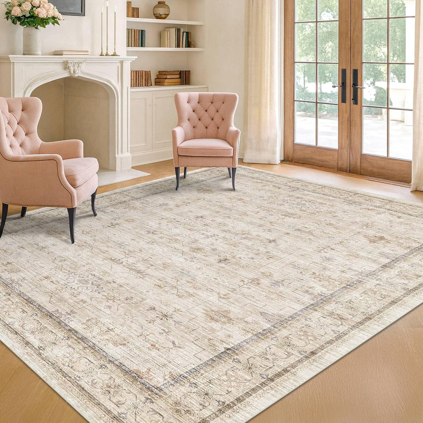 Green Area Rugs 9x12 Living Room - Washable Oriental Geometric, Extra Large for Bedroom Non Slip Soft Faux Wool Carpet for Dining Room Playroom, Lounge - Blue and Green Floral Rug