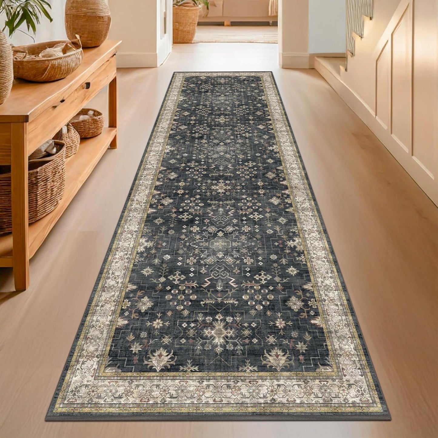 Green Area Rugs 9x12 Living Room - Washable Oriental Geometric, Extra Large for Bedroom Non Slip Soft Faux Wool Carpet for Dining Room Playroom, Lounge - Blue and Green Floral Rug