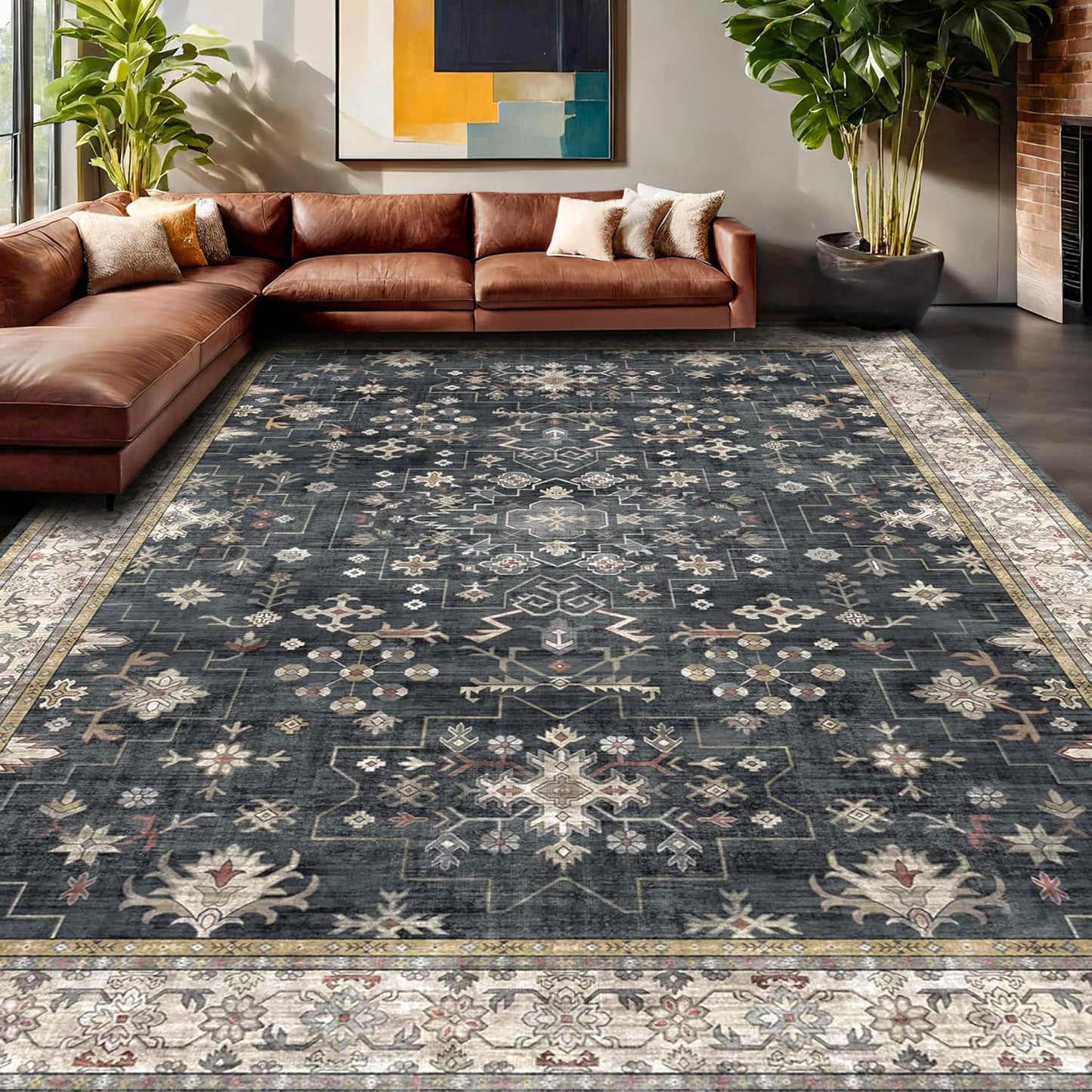 Green Area Rugs 9x12 Living Room - Washable Oriental Geometric, Extra Large for Bedroom Non Slip Soft Faux Wool Carpet for Dining Room Playroom, Lounge - Blue and Green Floral Rug