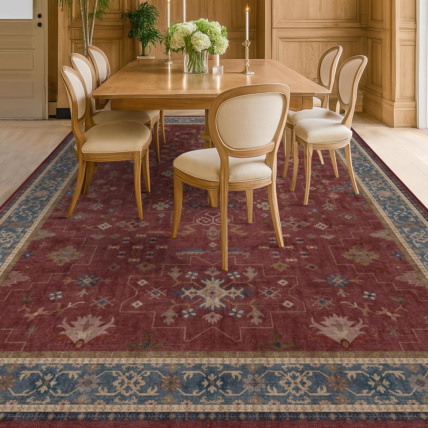 Green Area Rugs 9x12 Living Room - Washable Oriental Geometric, Extra Large for Bedroom Non Slip Soft Faux Wool Carpet for Dining Room Playroom, Lounge - Blue and Green Floral Rug