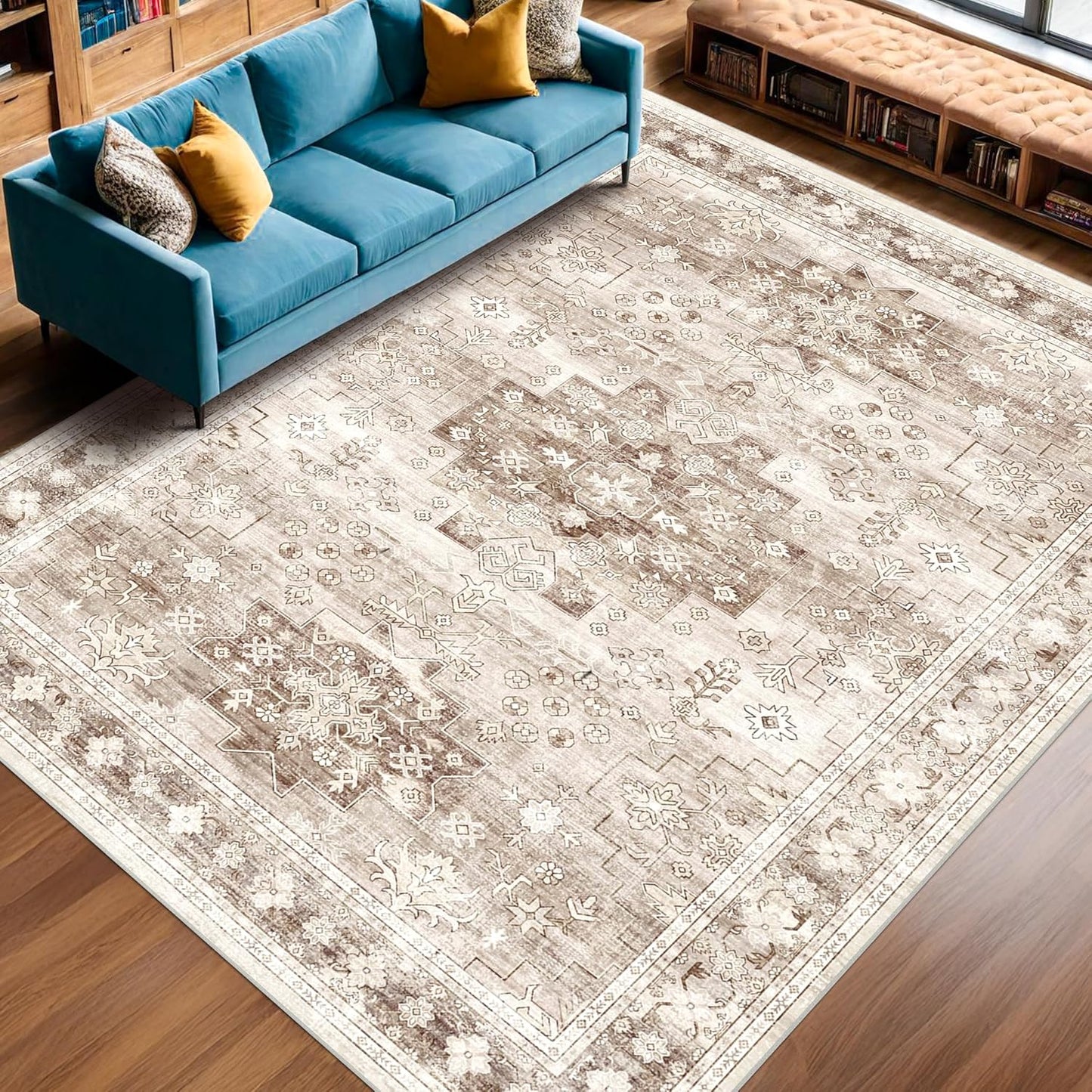 Green Area Rugs 9x12 Living Room - Washable Oriental Geometric, Extra Large for Bedroom Non Slip Soft Faux Wool Carpet for Dining Room Playroom, Lounge - Blue and Green Floral Rug
