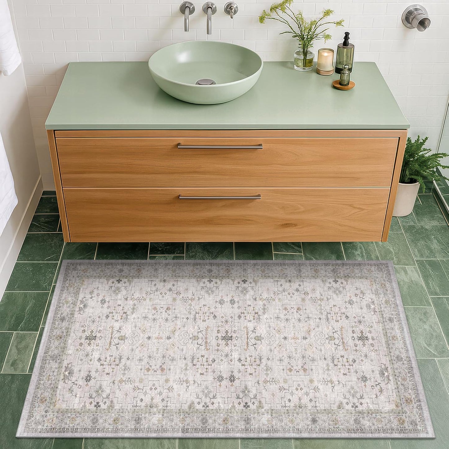 Green Area Rugs 9x12 Living Room - Washable Oriental Geometric, Extra Large for Bedroom Non Slip Soft Faux Wool Carpet for Dining Room Playroom, Lounge - Blue and Green Floral Rug