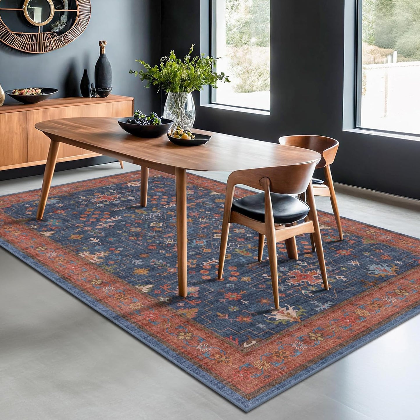 Green Area Rugs 9x12 Living Room - Washable Oriental Geometric, Extra Large for Bedroom Non Slip Soft Faux Wool Carpet for Dining Room Playroom, Lounge - Blue and Green Floral Rug