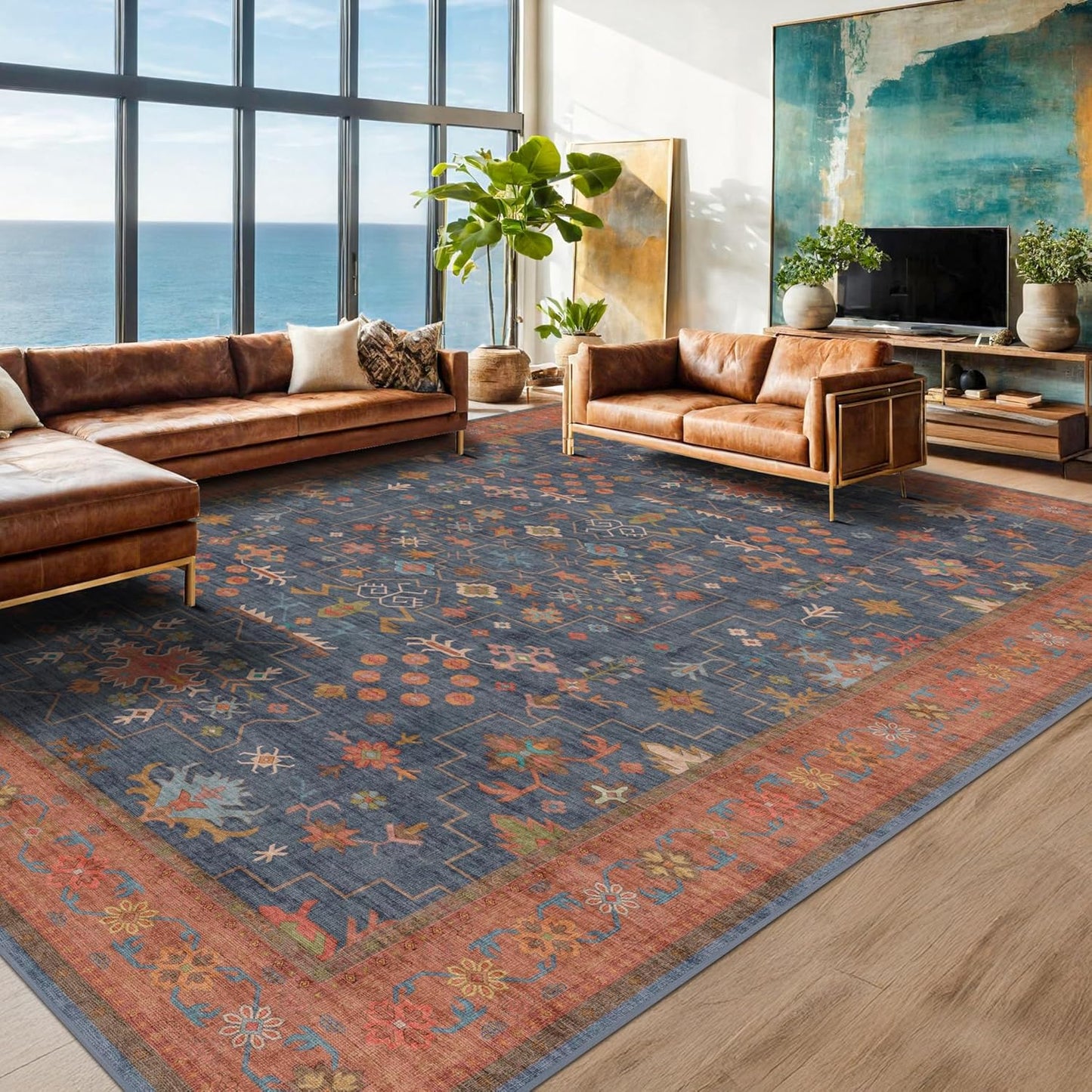 Green Area Rugs 9x12 Living Room - Washable Oriental Geometric, Extra Large for Bedroom Non Slip Soft Faux Wool Carpet for Dining Room Playroom, Lounge - Blue and Green Floral Rug