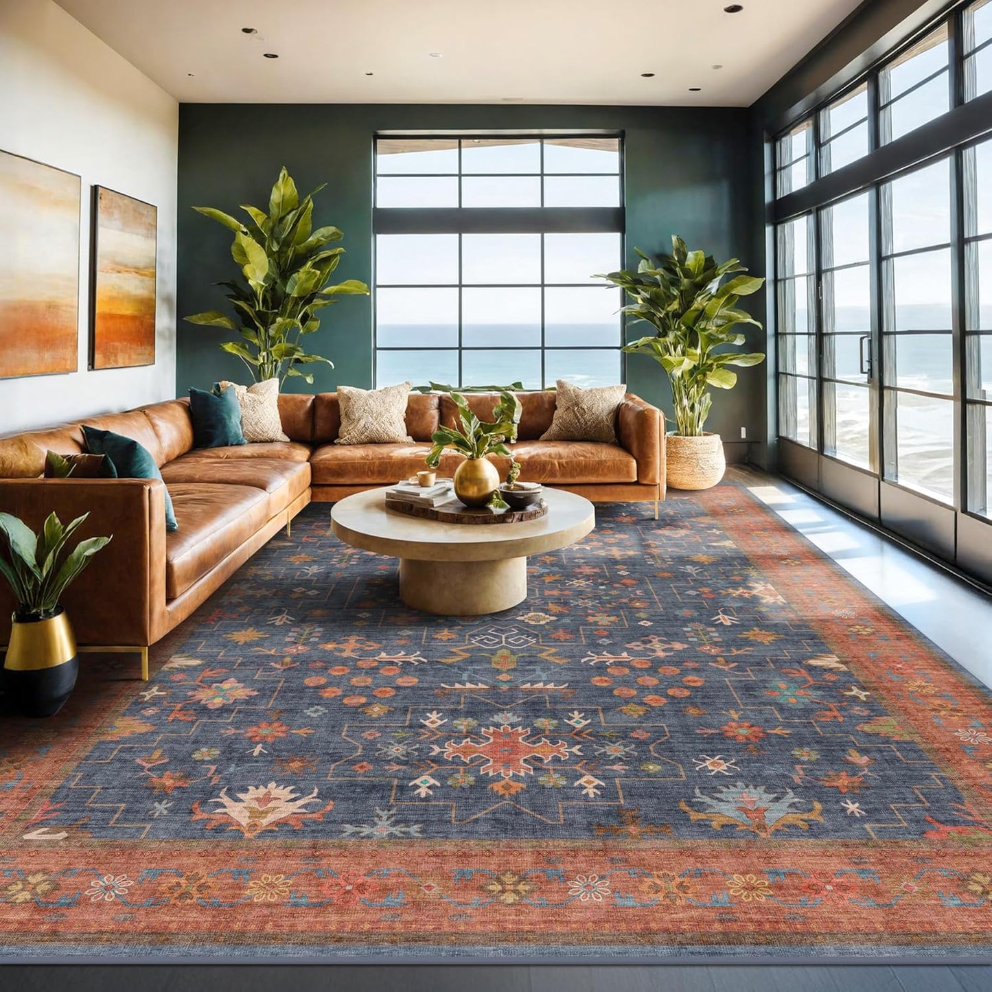 Green Area Rugs 9x12 Living Room - Washable Oriental Geometric, Extra Large for Bedroom Non Slip Soft Faux Wool Carpet for Dining Room Playroom, Lounge - Blue and Green Floral Rug