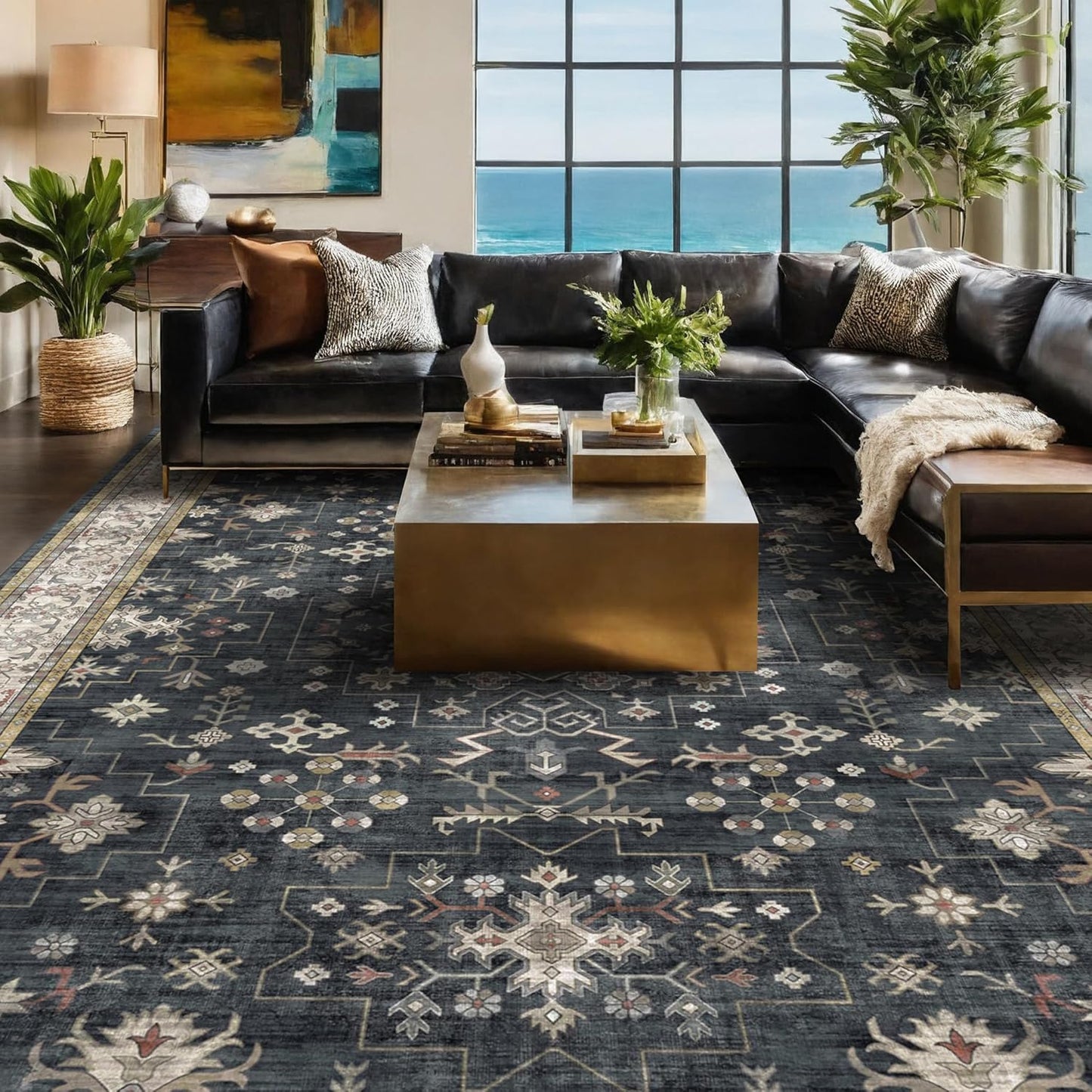 Green Area Rugs 9x12 Living Room - Washable Oriental Geometric, Extra Large for Bedroom Non Slip Soft Faux Wool Carpet for Dining Room Playroom, Lounge - Blue and Green Floral Rug