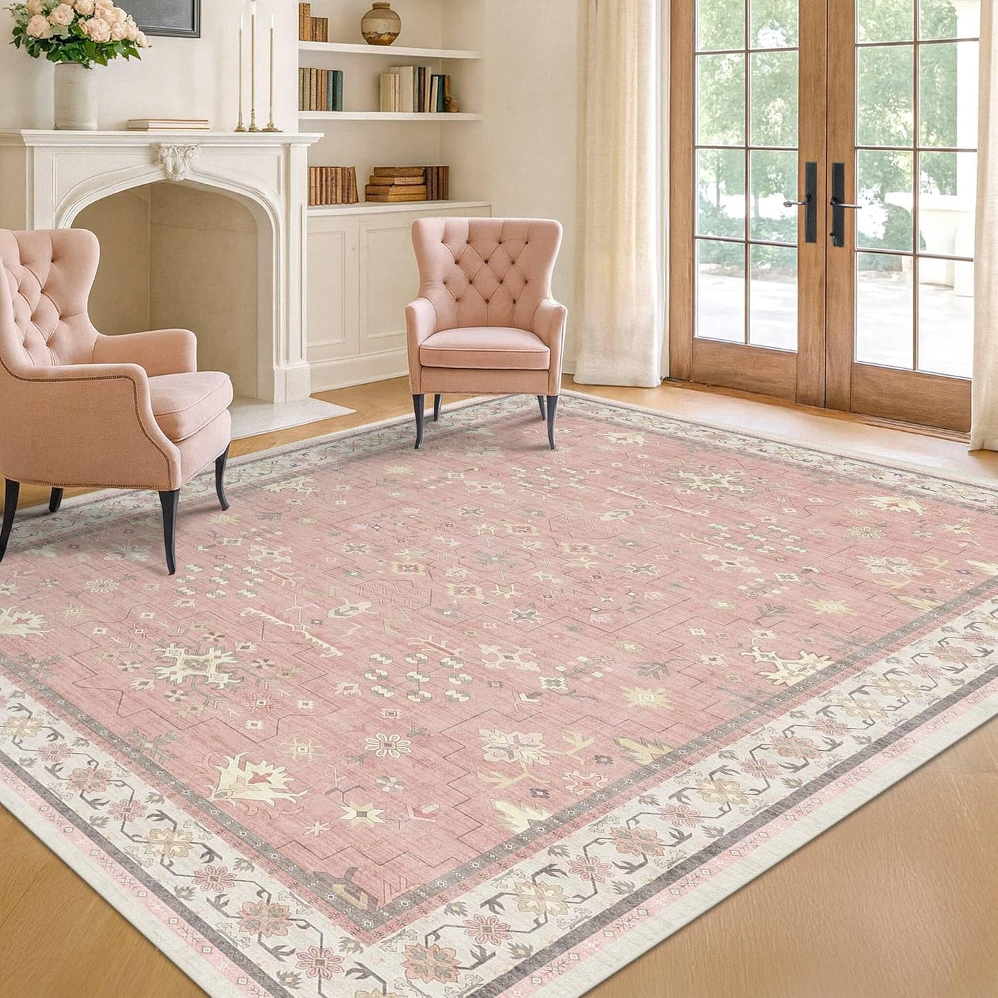 Green Area Rugs 9x12 Living Room - Washable Oriental Geometric, Extra Large for Bedroom Non Slip Soft Faux Wool Carpet for Dining Room Playroom, Lounge - Blue and Green Floral Rug