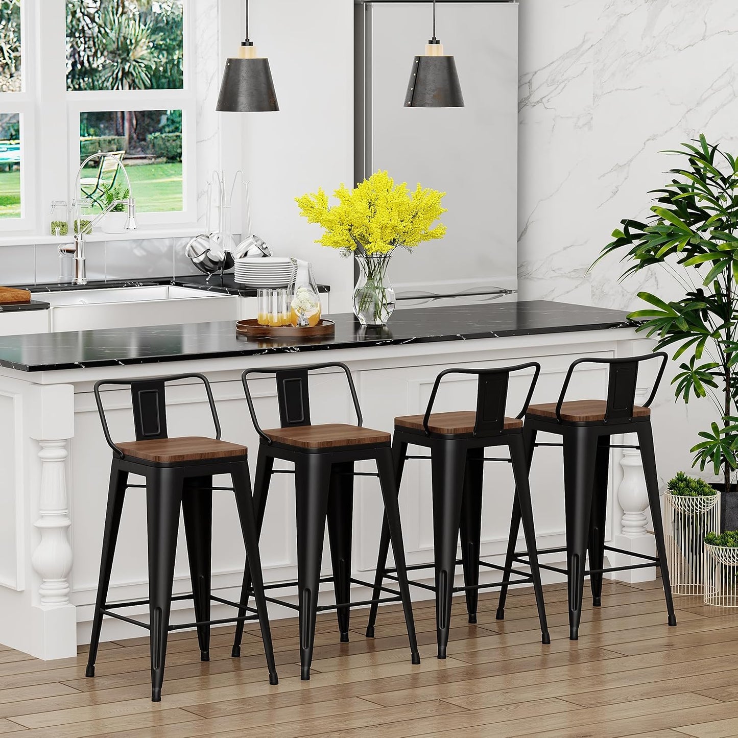 Yongchuang 30 inch Bar Stools Set of 4 Bar Height Metal Barstools with Wood Seat Low Back Kitchen Bar Chairs Matte Black