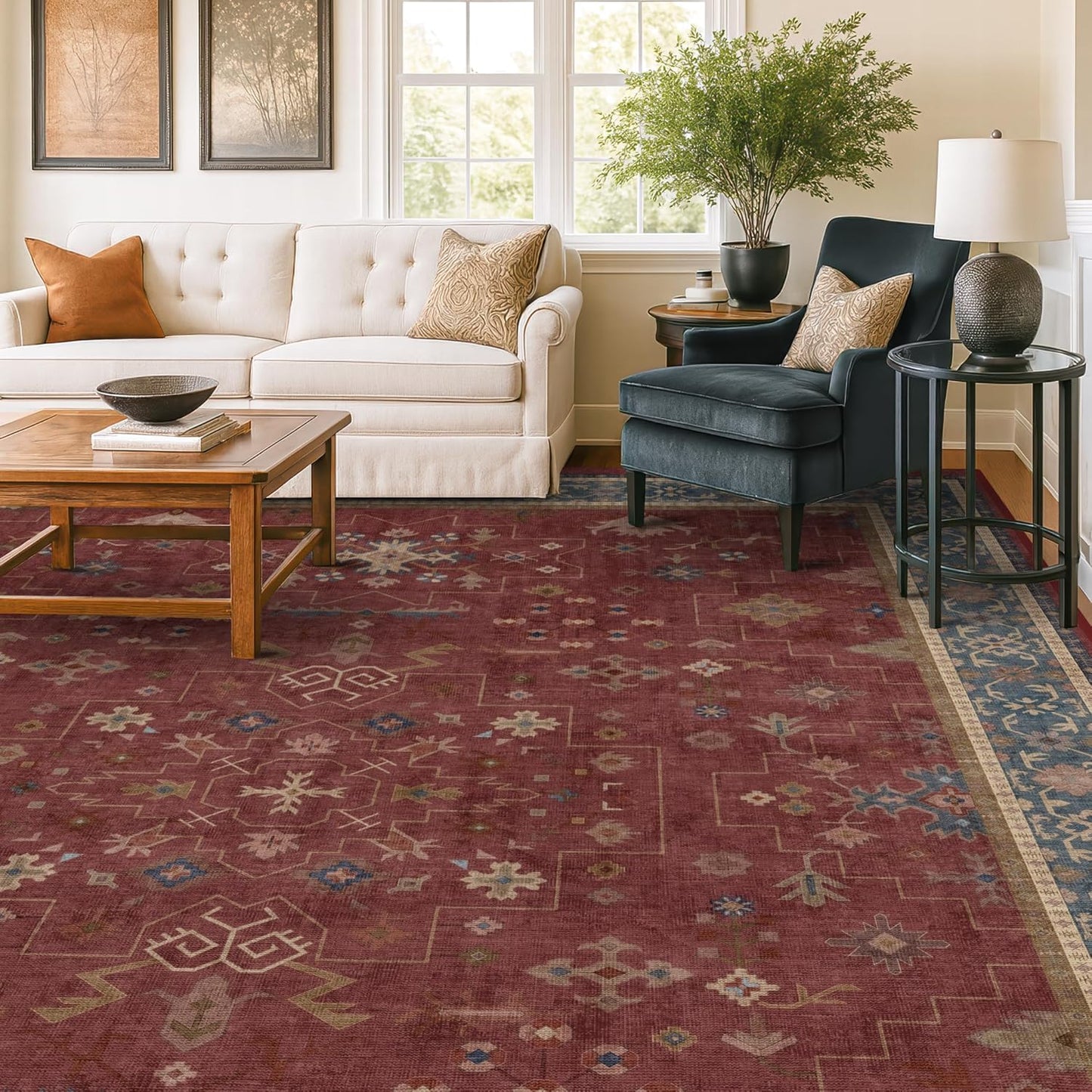 Green Area Rugs 9x12 Living Room - Washable Oriental Geometric, Extra Large for Bedroom Non Slip Soft Faux Wool Carpet for Dining Room Playroom, Lounge - Blue and Green Floral Rug