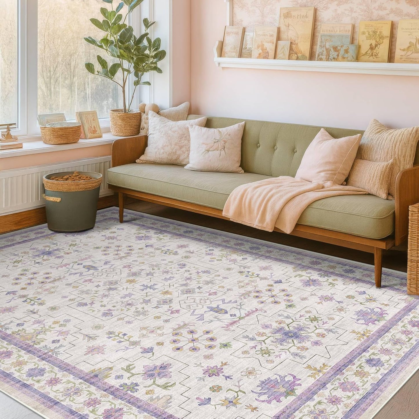Green Area Rugs 9x12 Living Room - Washable Oriental Geometric, Extra Large for Bedroom Non Slip Soft Faux Wool Carpet for Dining Room Playroom, Lounge - Blue and Green Floral Rug