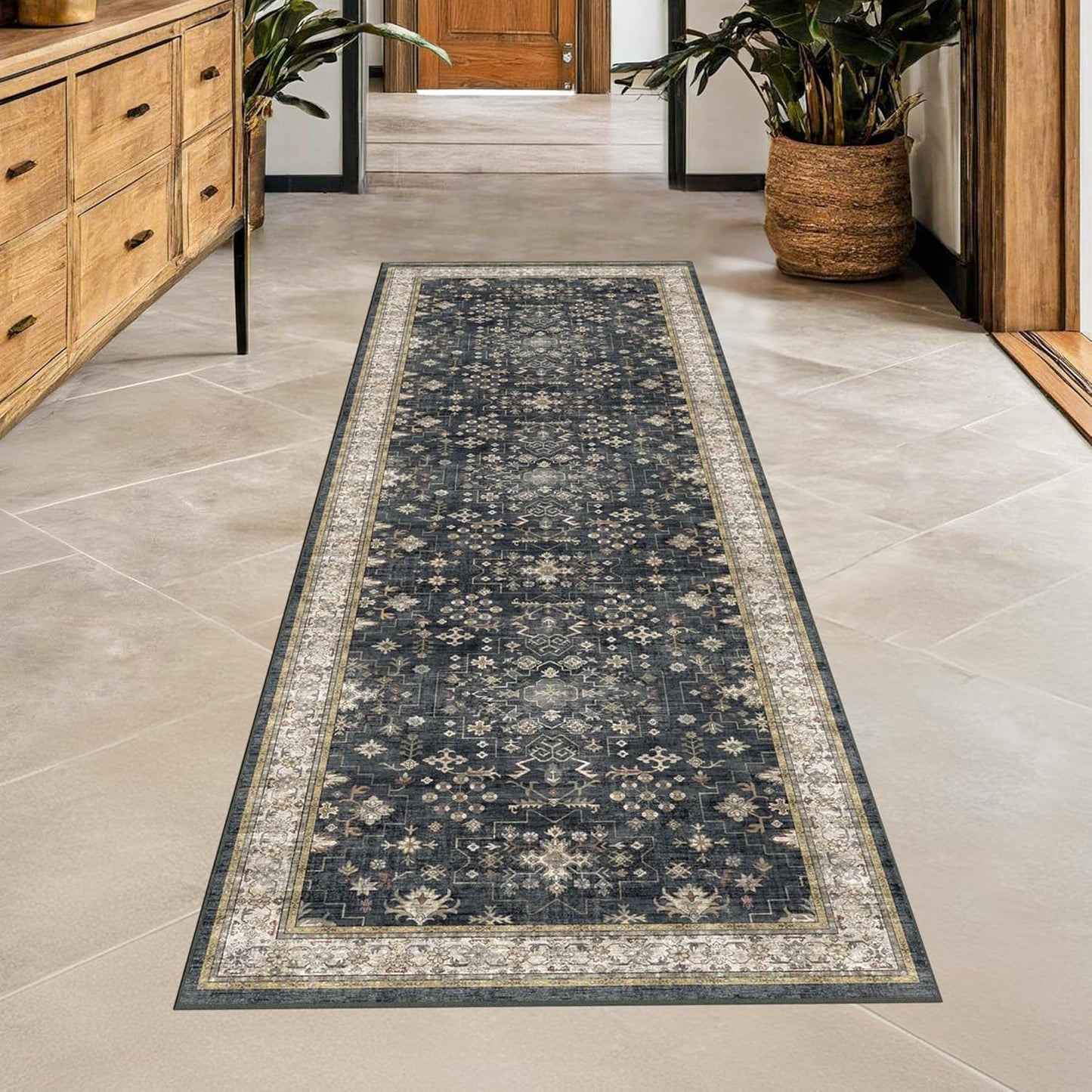 Green Area Rugs 9x12 Living Room - Washable Oriental Geometric, Extra Large for Bedroom Non Slip Soft Faux Wool Carpet for Dining Room Playroom, Lounge - Blue and Green Floral Rug
