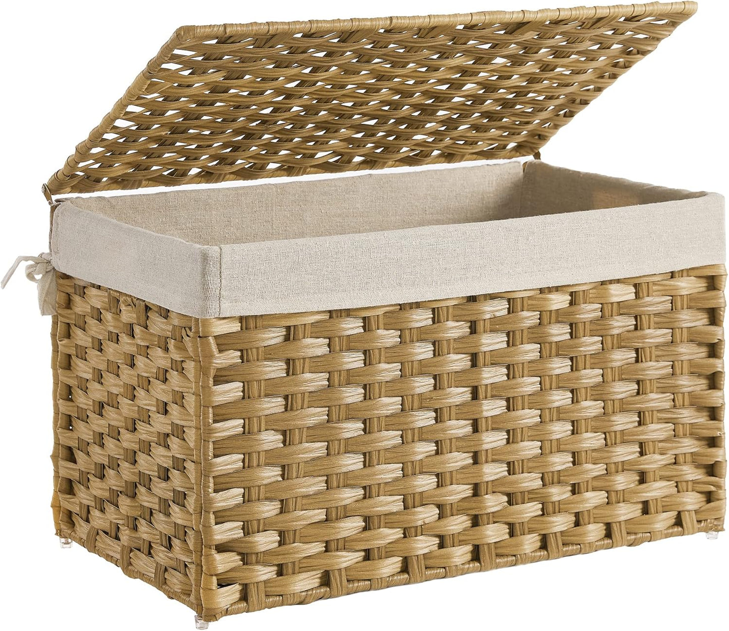 SONGMICS Storage Basket with Lid, 42.3 Gallon (160L) Storage Bin, Woven Blanket Storage Basket with Handles, Foldable, Removable Liner, Metal Frame, for Bedroom, Laundry Room, Brown URST76BR