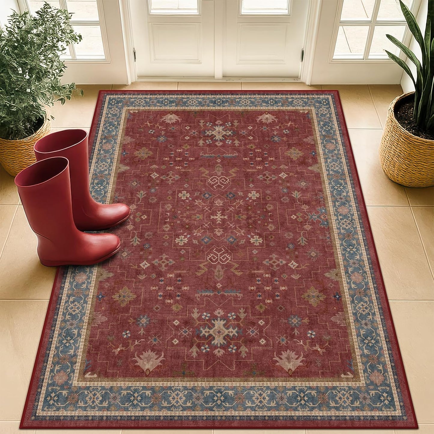 Green Area Rugs 9x12 Living Room - Washable Oriental Geometric, Extra Large for Bedroom Non Slip Soft Faux Wool Carpet for Dining Room Playroom, Lounge - Blue and Green Floral Rug